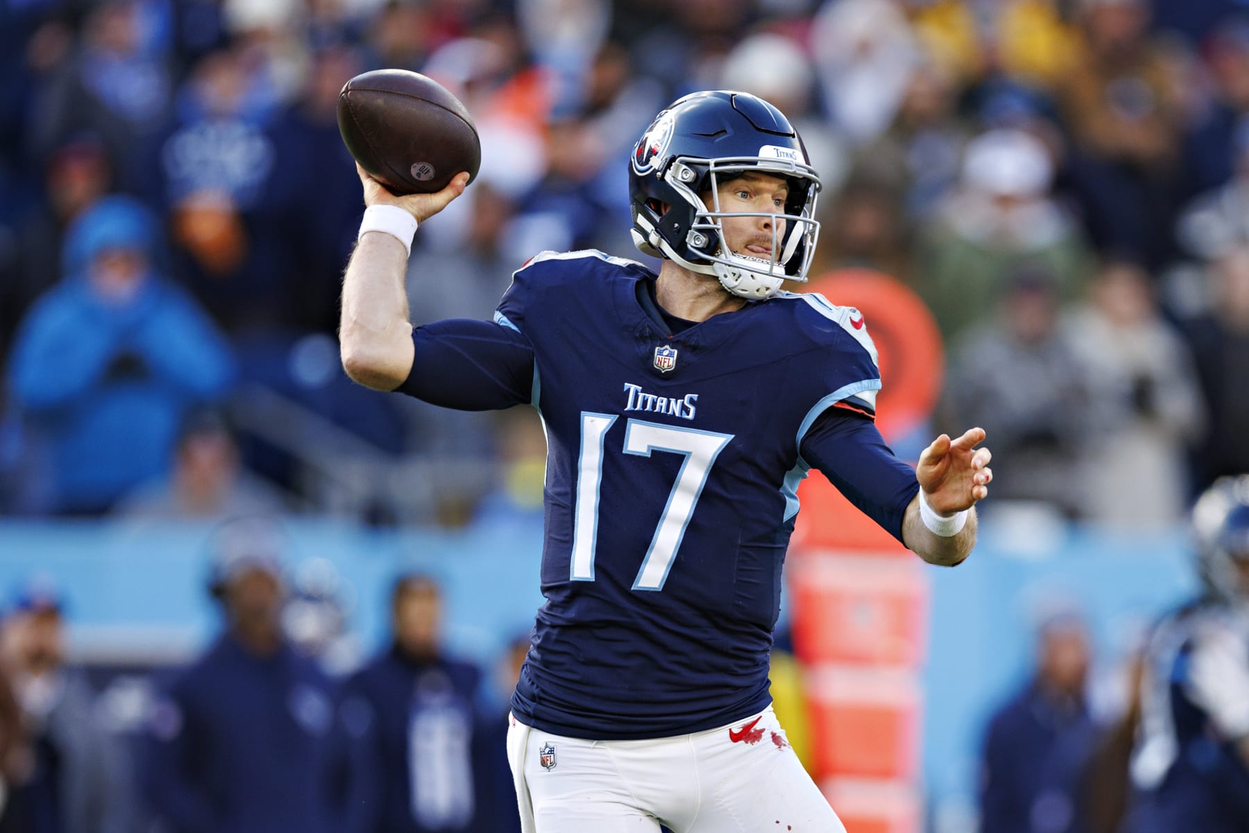 NASHVILLE TENNESSEE - JANUARY 07: Ryan Tannehill #17 of the Tennessee Titans throws a pass during the game against the Jacksonville Jaguars in Nashville, Tennessee at Nissan Stadium on January 7, 2024 in Houston, Texas. The Titans defeated the Jaguars 28-20. (Photo by Wesley Hitt/Getty Images)