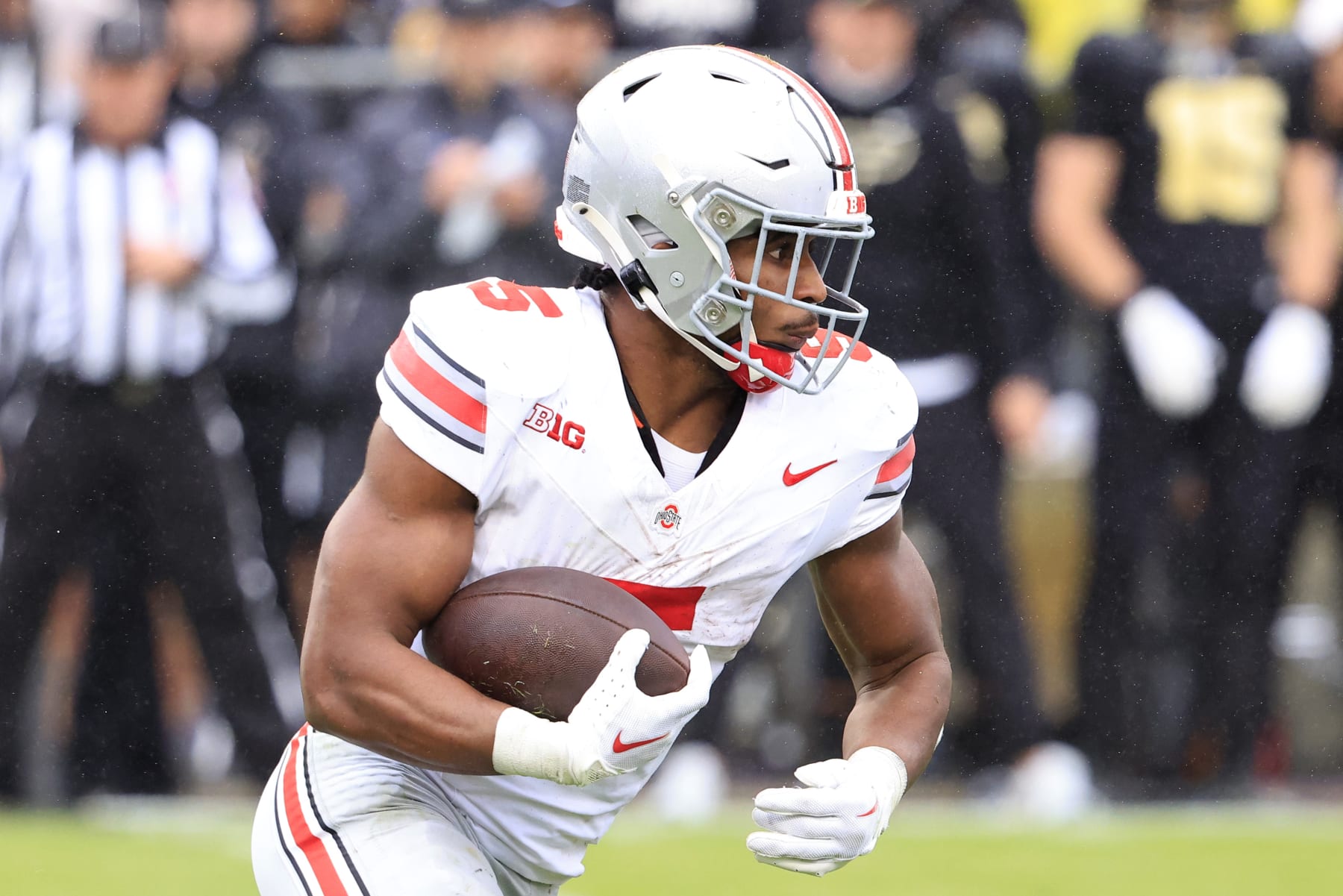 WEST LAFAYETTE, INDIANA - OCTOBER 14: Dallan Hayden #5 of the Ohio State Buckeyes runs the ball in the game against the Purdue Boilermakers at Ross-Ade Stadium on October 14, 2023 in West Lafayette, Indiana. (Photo by Justin Casterline/Getty Images)