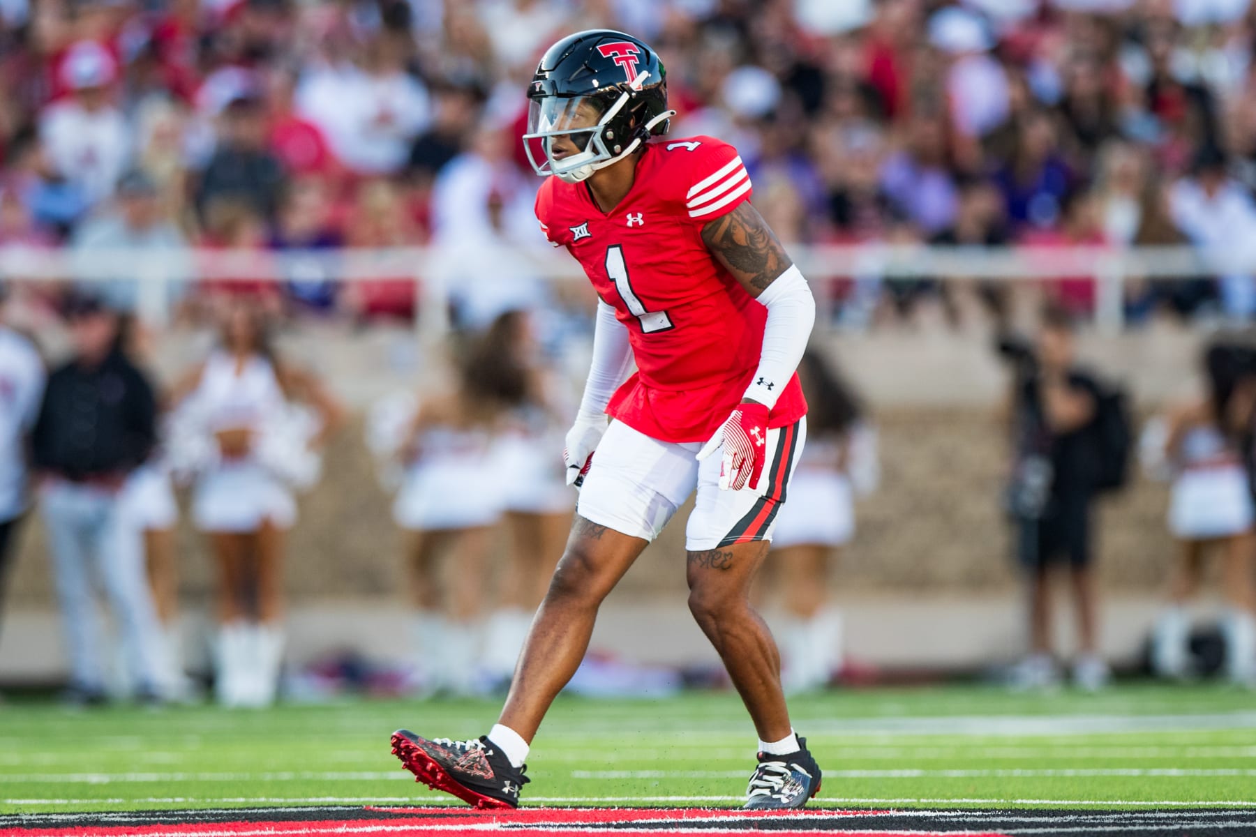 LUBBOCK, TEXAS - SEPTEMBER 16: Dadrion Taylor-Demerson #1 of the Texas Tech Red Raiders backpedals during the first half of the game against the Tarleton State Texans at Jones AT&T Stadium on September 16, 2023 in Lubbock, Texas. (Photo by John E. Moore III/Getty Images)