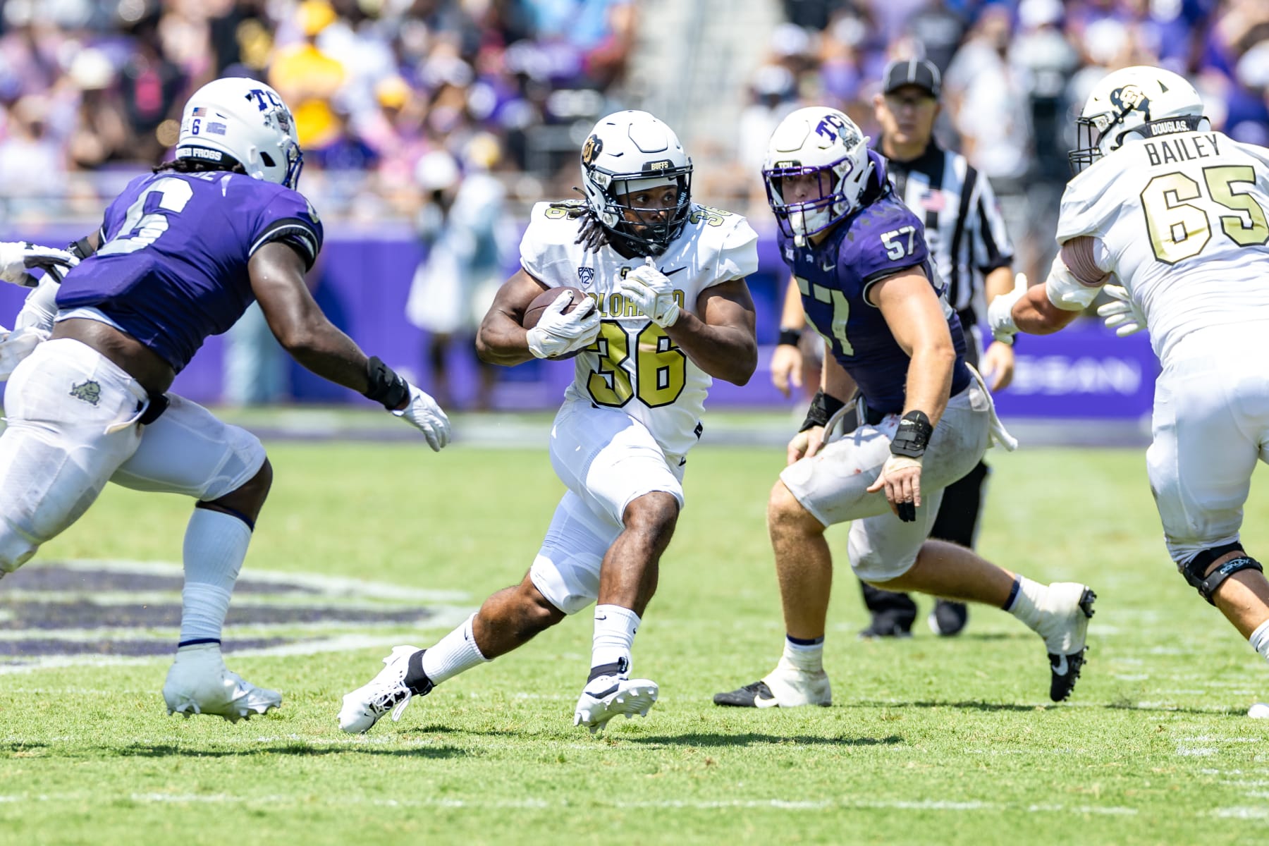 FORT WORTH, TX - SEPTEMBER 02: Colorado Buffaloes running back Sy'veon Wilkerson (#36) runs up field during the college football game between the Colorado Buffaloes and TCU Horned Frogs on September 2, 2023 at Amon G. Carter Stadium in Fort Worth, TX.  (Photo by Matthew Visinsky/Icon Sportswire via Getty Images)
