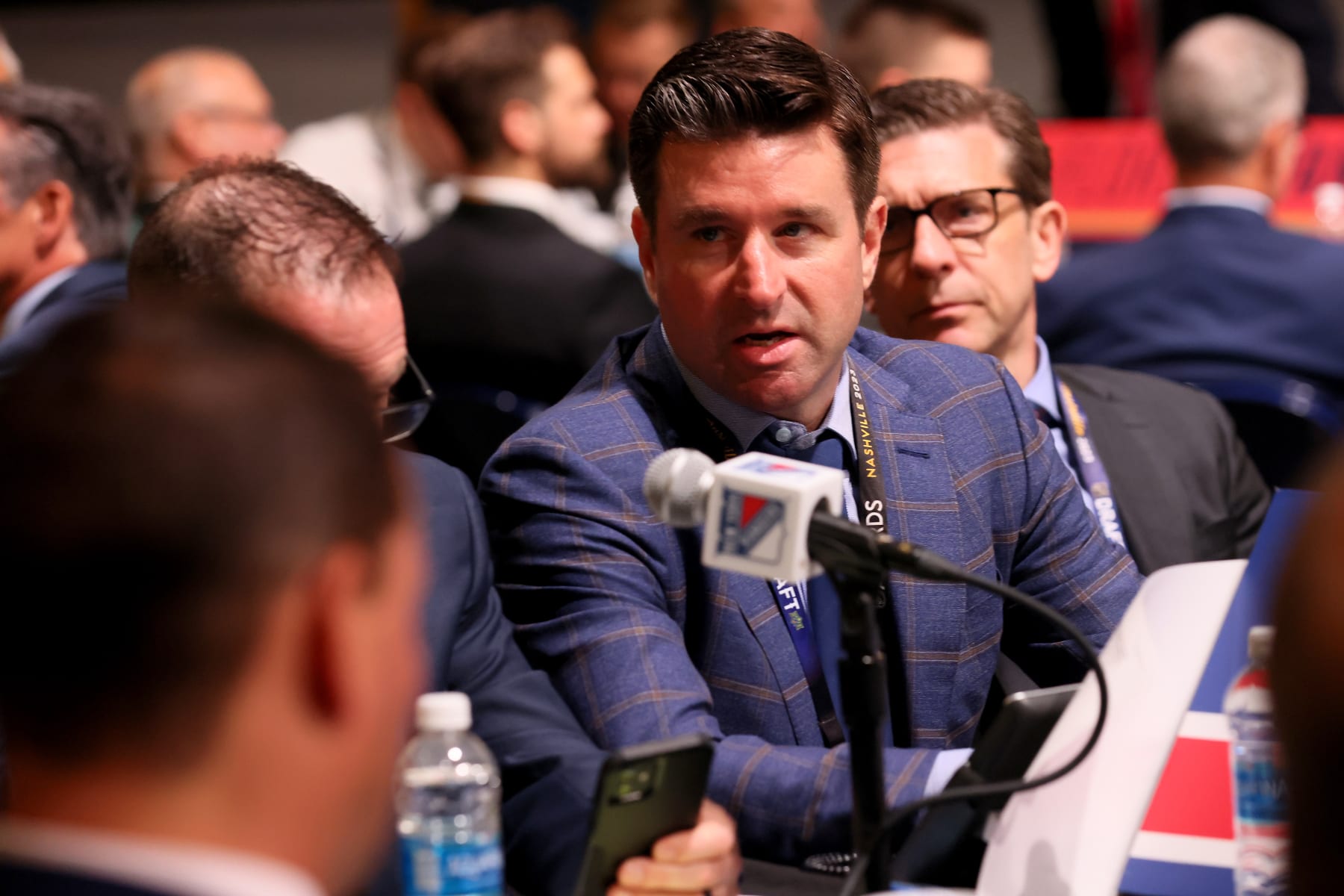 NASHVILLE, TENNESSEE - JUNE 29: Chris Drury, President and General Manager of the New York Rangers talks during the 2023 Upper Deck NHL Draft at Bridgestone Arena on June 29, 2023 in Nashville, Tennessee. (Photo by Bruce Bennett/Getty Images)