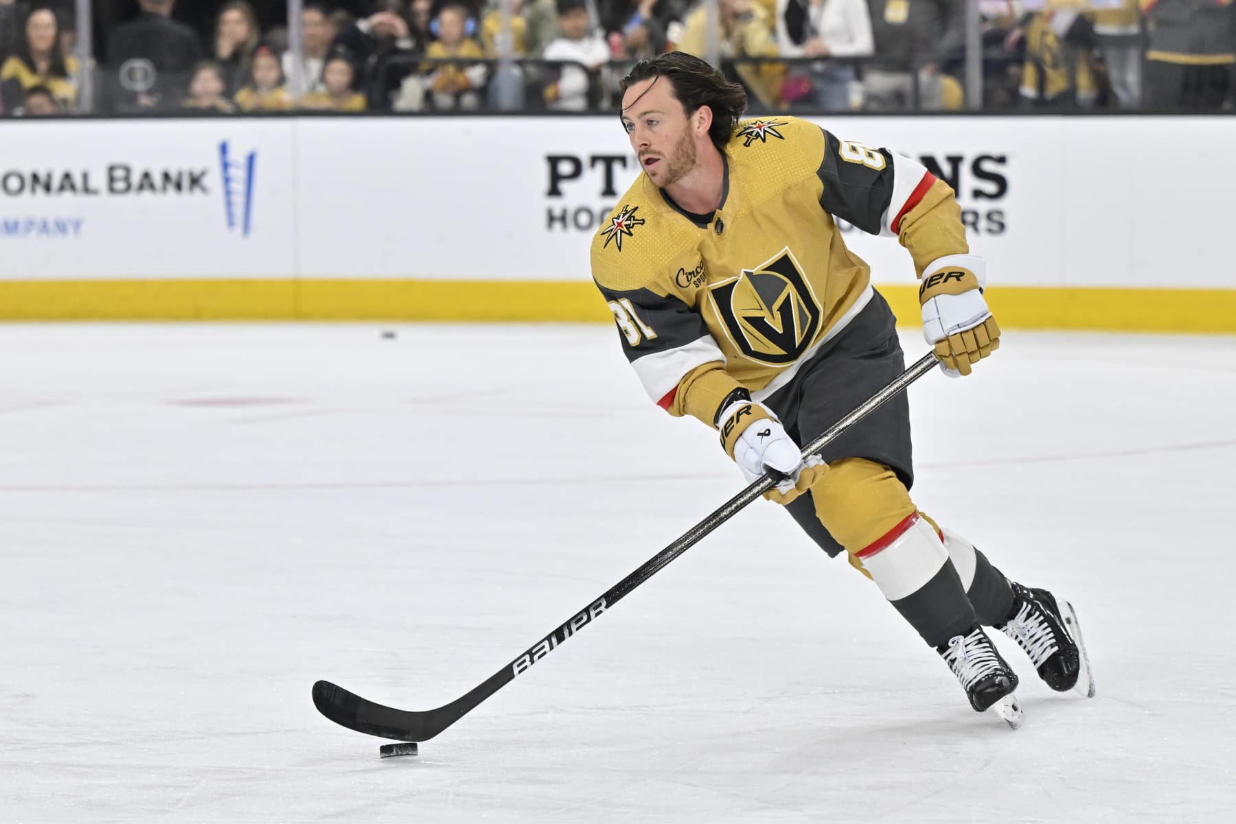 LAS VEGAS, NEVADA - APRIL 14: Jonathan Marchessault #81 of the Vegas Golden Knights warms up prior to a game against the Colorado Avalanche at T-Mobile Arena on April 14, 2024 in Las Vegas, Nevada. (Photo by David Becker/NHLI via Getty Images)