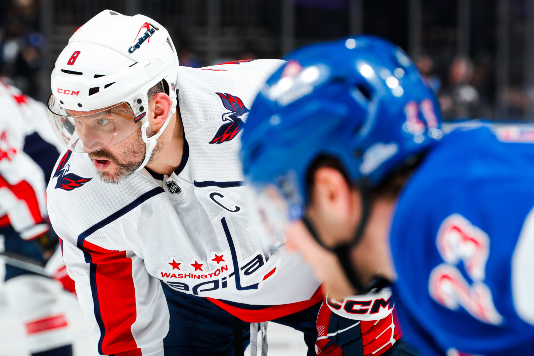 NEW YORK, NEW YORK - APRIL 23: Alex Ovechkin #8 of the Washington Capitals takes a face-off during the second period against the New York Rangers in Game Two of the First Round of the 2024 Stanley Cup Playoffs at Madison Square Garden on April 23, 2024 in New York City. (Photo by Jared Silber/NHLI via Getty Images)
