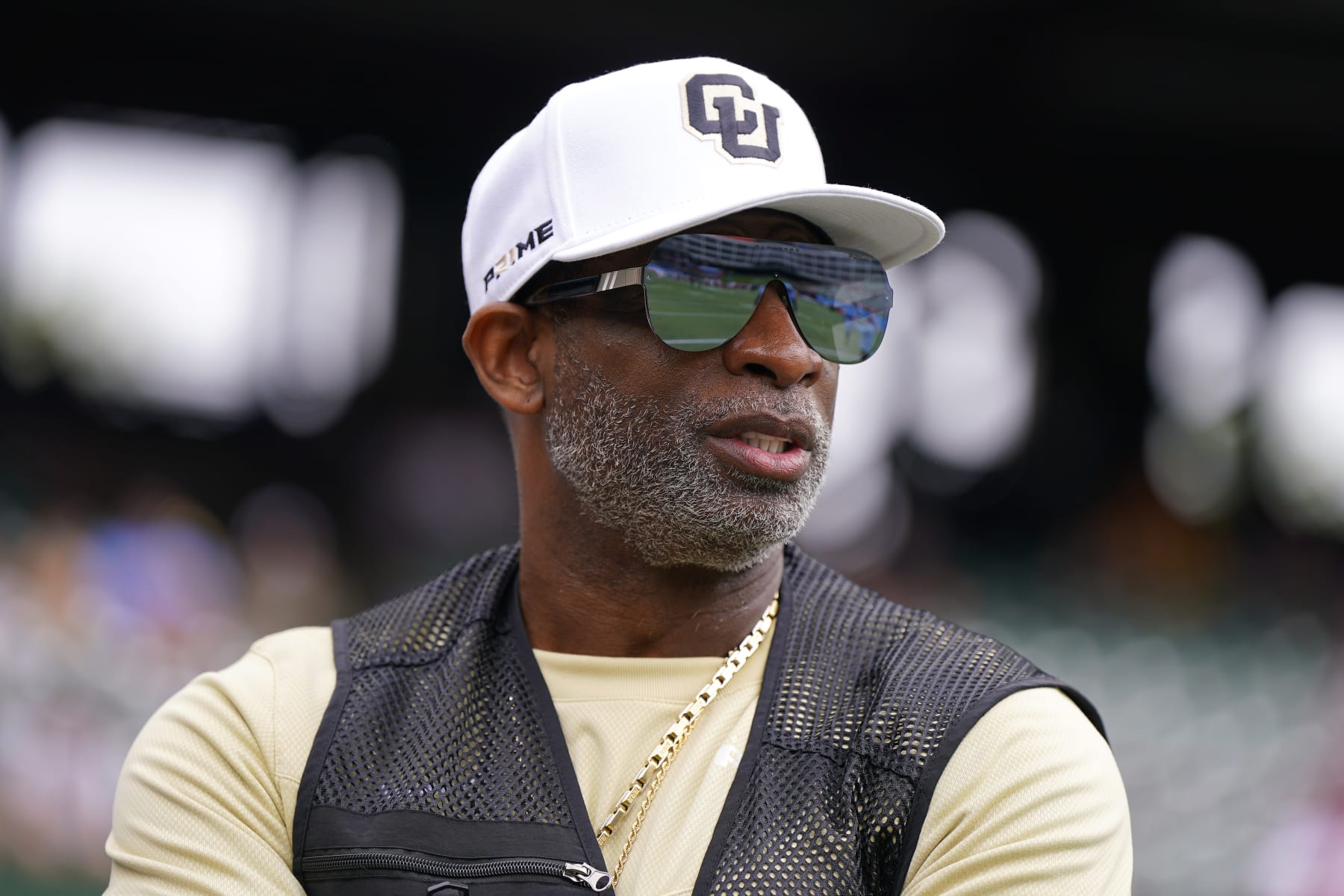 ARLINGTON, TEXAS - MARCH 30: Former NFL player and Colorado Buffalos head coach Deion Sanders looks on prior to a game between the Arlington Renegades and Birmingham Stallions at Choctaw Stadium on March 30, 2024 in Arlington, Texas. (Photo by Sam Hodde/UFL/Getty Images)