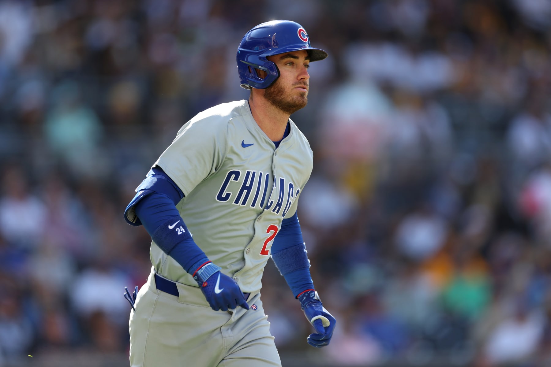 SAN DIEGO, CALIFORNIA - APRIL 10: Cody Bellinger #24 of the Chicago Cubs runs to first base during a game against the San Diego Padres at Petco Park on April 10, 2024 in San Diego, California. (Photo by Sean M. Haffey/Getty Images)