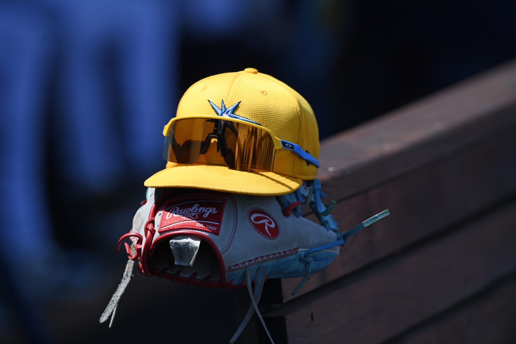 PORT CHARLOTTE, FLORIDA - MARCH 18, 2024: A view of a Tampa Bay Rays glove and hat during the second inning of a spring training game against the Atlanta Braves at Charlotte Sports Park on March 18, 2024 in Port Charlotte, Florida. (Photo by George Kubas/Diamond Images via Getty Images)