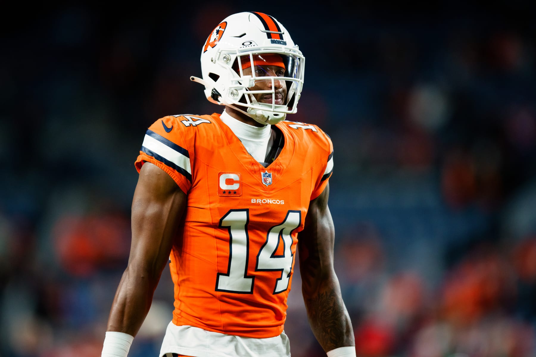 DENVER, CO - JANUARY 24: Wide receiver Courtland Sutton #14 of the Denver Broncos walks on the field against the New England Patriots at Empower Field at Mile High on December 24, 2023 in Denver, Colorado. (Photo by Justin Edmonds/Getty Images)