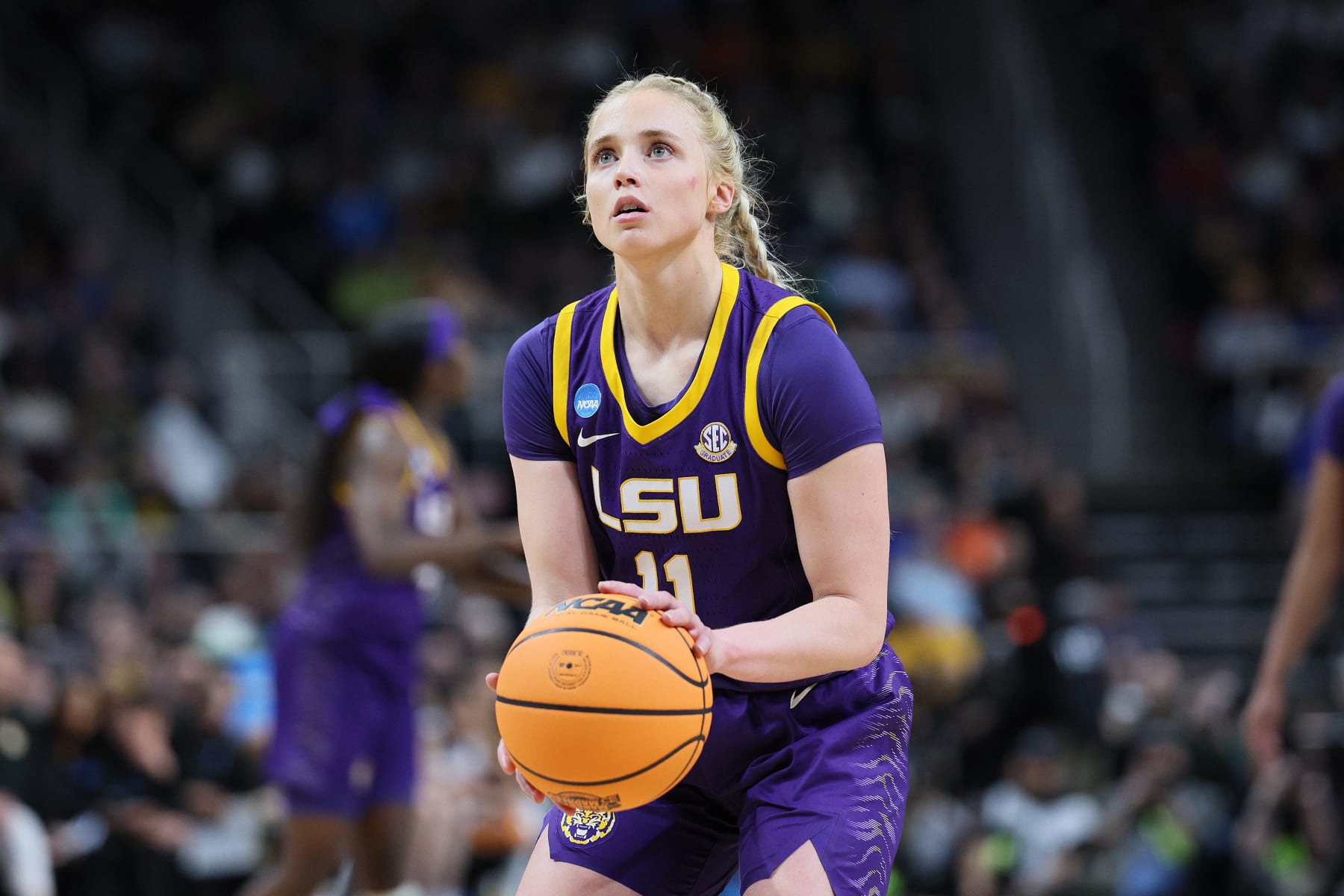 ALBANY, NEW YORK - MARCH 30: Hailey Van Lith #11 of the LSU Tigers shoots against the UCLA Bruins during the second half in the Sweet 16 round of the NCAA Women's Basketball Tournament at MVP Arena on March 30, 2024 in Albany, New York. The LSU Tigers won, 78-69. (Photo by Andy Lyons/Getty Images)