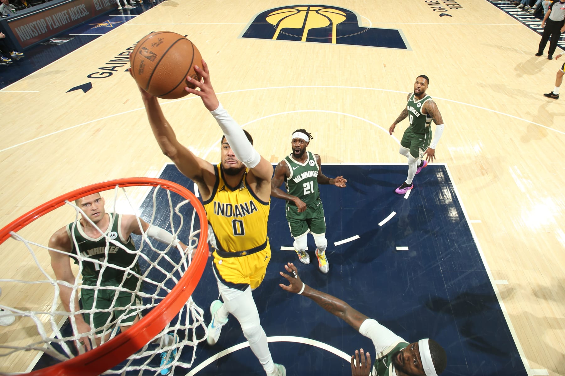 INDIANAPOLIS, IN - APRIL 26: Tyrese Haliburton #0 of the Indiana Pacers dunks the ball during the game against the Milwaukee Bucks during Round 1 Game 3 of the 2024 NBA Playoffs on April 26, 2024 at Gainbridge Fieldhouse in Indianapolis, Indiana. NOTE TO USER: User expressly acknowledges and agrees that, by downloading and or using this Photograph, user is consenting to the terms and conditions of the Getty Images License Agreement. Mandatory Copyright Notice: Copyright 2023 NBAE (Photo by Nathaniel S. Butler/NBAE via Getty Images)