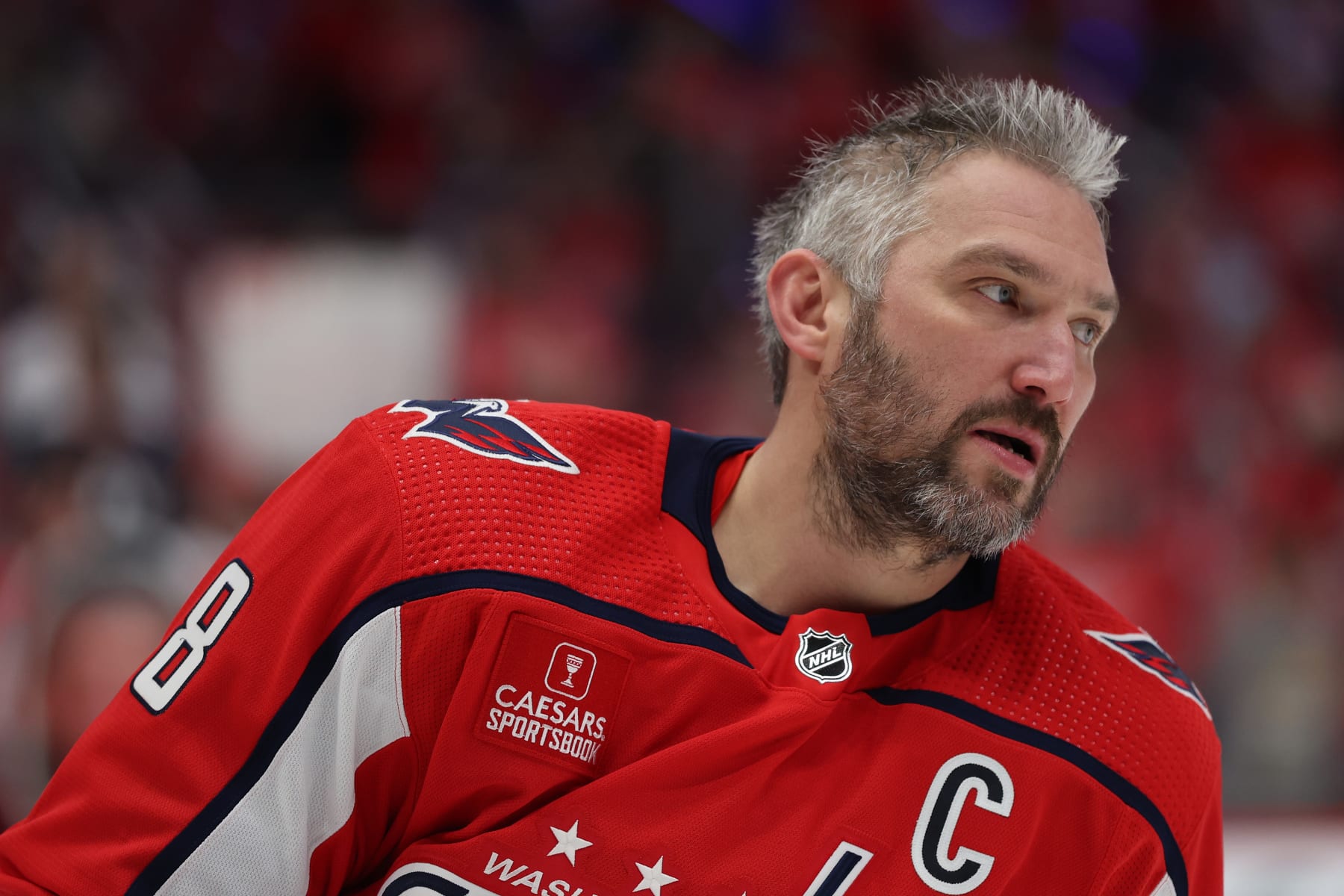 WASHINGTON, DC - APRIL 26: Alex Ovechkin #8 of the Washington Capitals looks on before playing against the New York Rangers in Game Three of the First Round of the 2024 Stanley Cup Playoffs at Capital One Arena on April 26, 2024 in Washington, DC. (Photo by Patrick Smith/Getty Images)