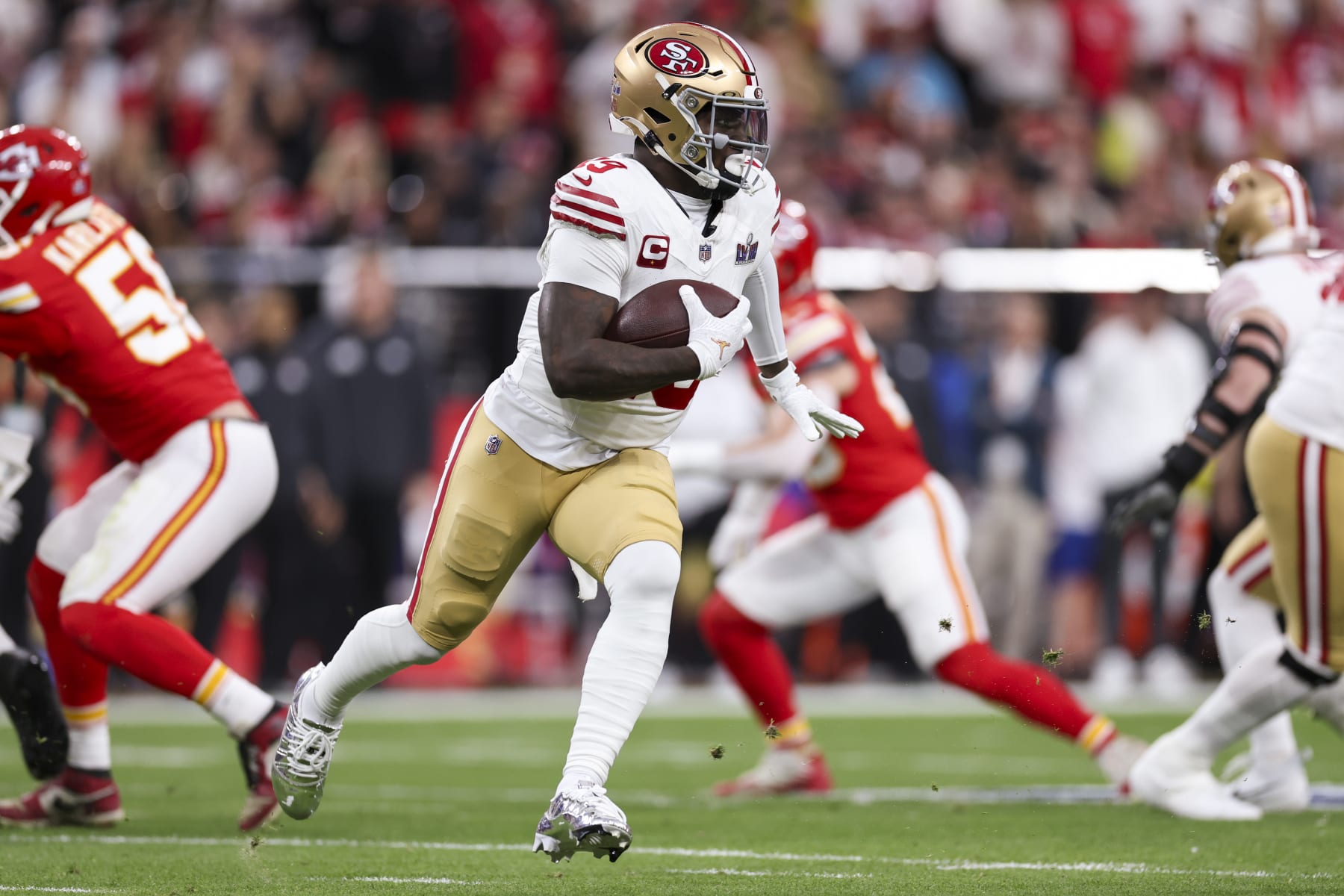LAS VEGAS, NV - FEBRUARY 11: Deebo Samuel #19 of the San Francisco 49ers drives after making a catch during Super Bowl LVIII against the Kansas City Chiefs at Allegiant Stadium on February 11, 2024 in Las Vegas, NV. (Photo by Perry Knotts/Getty Images)