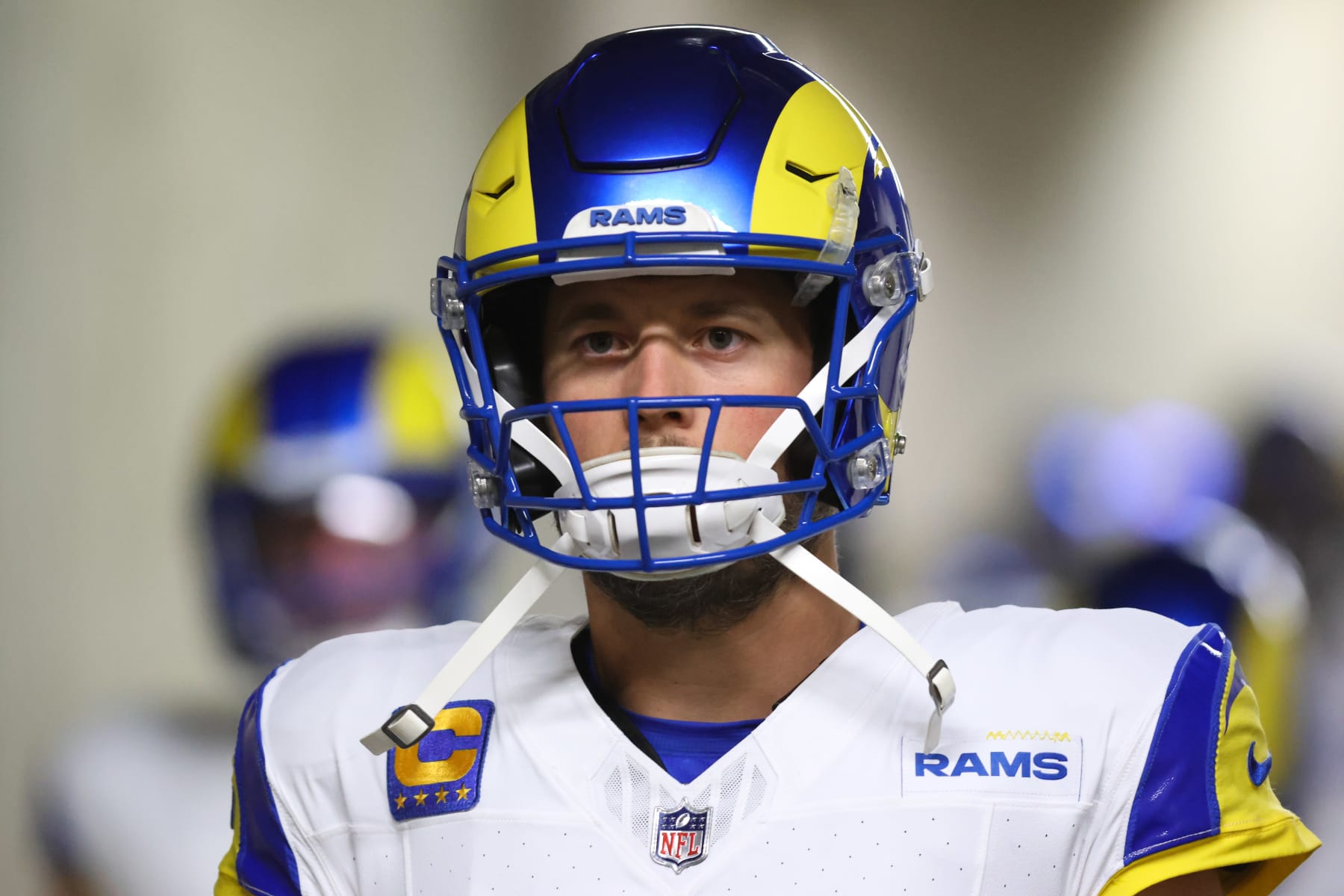 DETROIT, MI - JANUARY 14:  Los Angeles Rams quarterback Matthew Stafford (9) walks down the tunnel leading to the field before the start of an NFL NFC Wild Card playoff football game between the Los Angeles Rams and the Detroit Lions on January 14, 2024 at Ford Field in Detroit, Michigan.  (Photo by Scott W. Grau/Icon Sportswire via Getty Images)