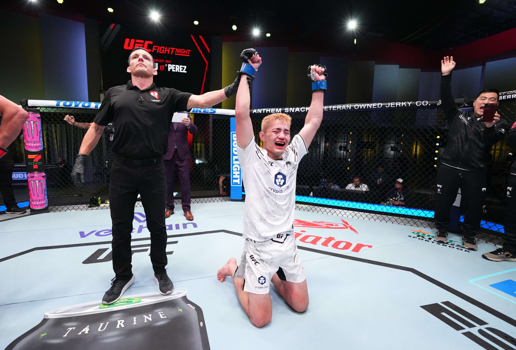 LAS VEGAS, NEVADA - APRIL 27: Maheshate of China reacts after his victory against Gabriel Benitez of Mexico in a lightweight bout during the UFC Fight Night event at UFC APEX on April 27, 2024 in Las Vegas, Nevada. (Photo by Chris Unger/Zuffa LLC via Getty Images)