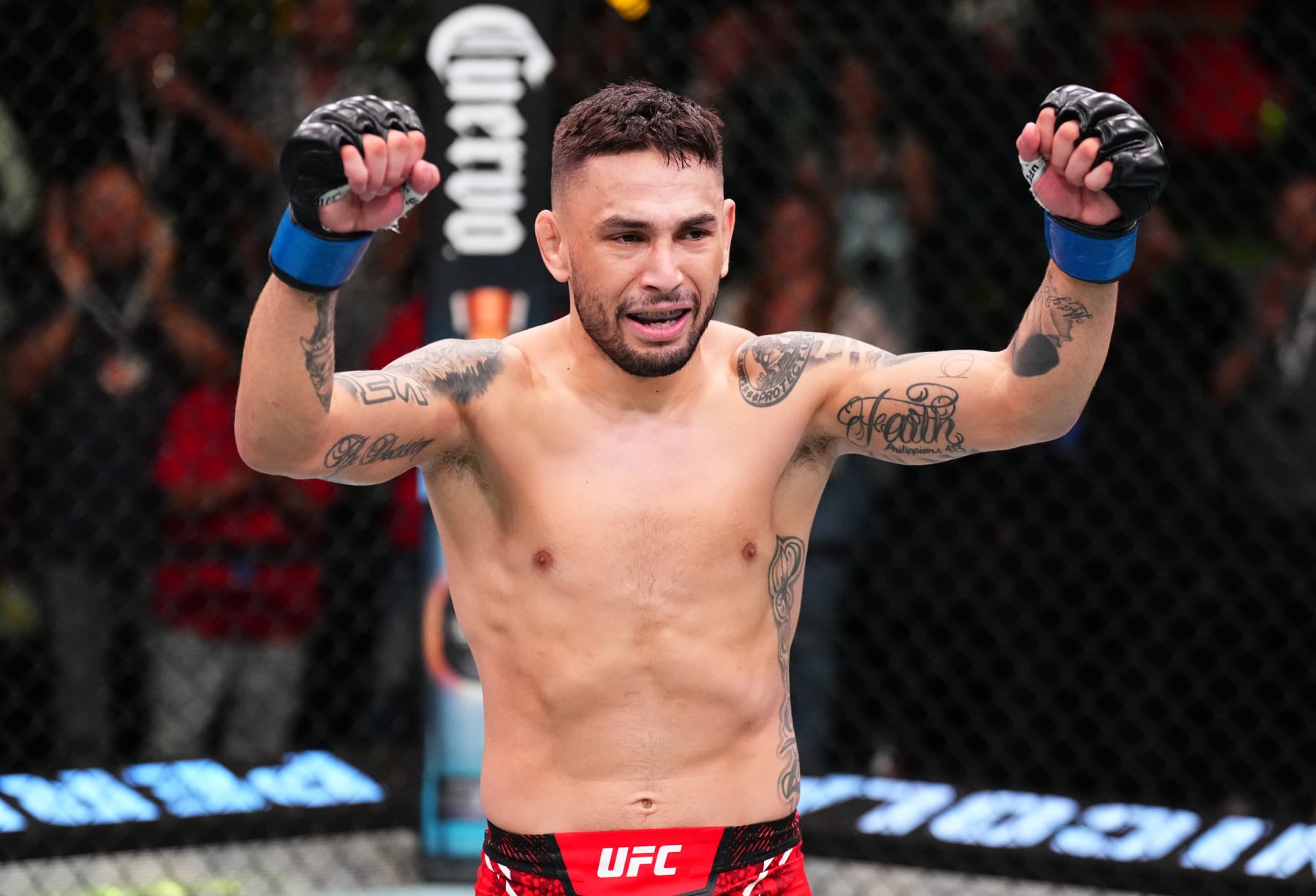 LAS VEGAS, NEVADA - APRIL 27: Alex Perez reacts after his knockout victory against Matheus Nicolau of Brazil in a flyweight bout during the UFC Fight Night event at UFC APEX on April 27, 2024 in Las Vegas, Nevada. (Photo by Chris Unger/Zuffa LLC via Getty Images)