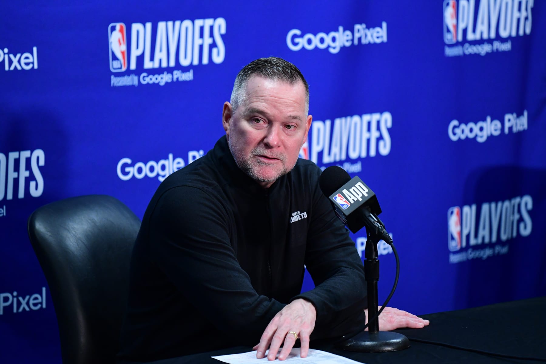 LOS ANGELES, CA - APRIL 25: Head Coach Michael Malone of the Denver Nuggets speaks at a press conference after the game against the Los Angeles Lakers during Round One Game Three of the 2024 NBA Playoffs on April 25, 2024 at Crypto.Com Arena in Los Angeles, California. NOTE TO USER: User expressly acknowledges and agrees that, by downloading and/or using this Photograph, user is consenting to the terms and conditions of the Getty Images License Agreement. Mandatory Copyright Notice: Copyright 2024 NBAE (Photo by Adam Pantozzi/NBAE via Getty Images)