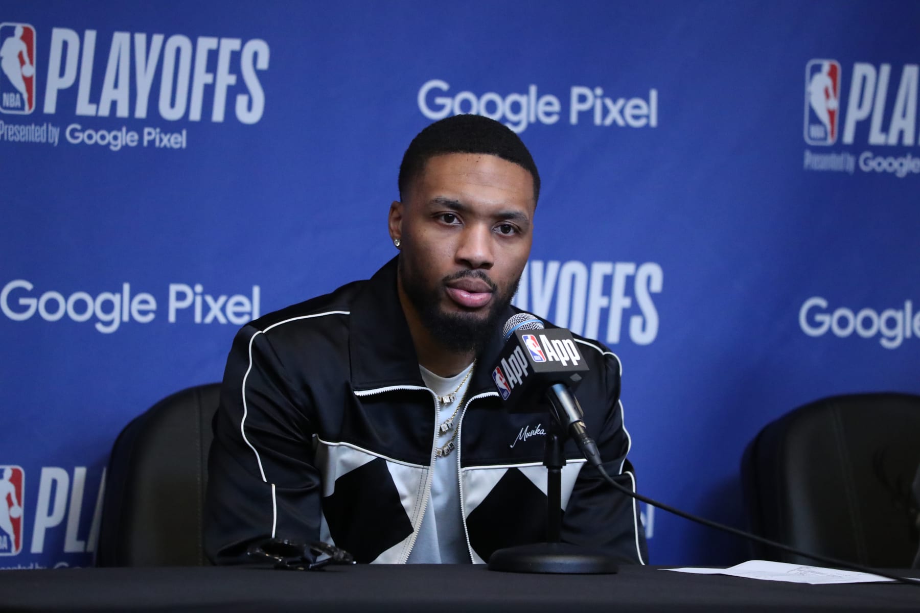 MILWAUKEE, WI - APRIL 23: Damian Lillard #0 of the Milwaukee Bucks speaks during a press conference after the game against the Indiana Pacers during Round One Game Two of the 2024 NBA Playoffs on April 23, 2024 at the Fiserv Forum Center in Milwaukee, Wisconsin. NOTE TO USER: User expressly acknowledges and agrees that, by downloading and or using this Photograph, user is consenting to the terms and conditions of the Getty Images License Agreement. Mandatory Copyright Notice: Copyright 2024 NBAE (Photo by Gary Dineen/NBAE via Getty Images).