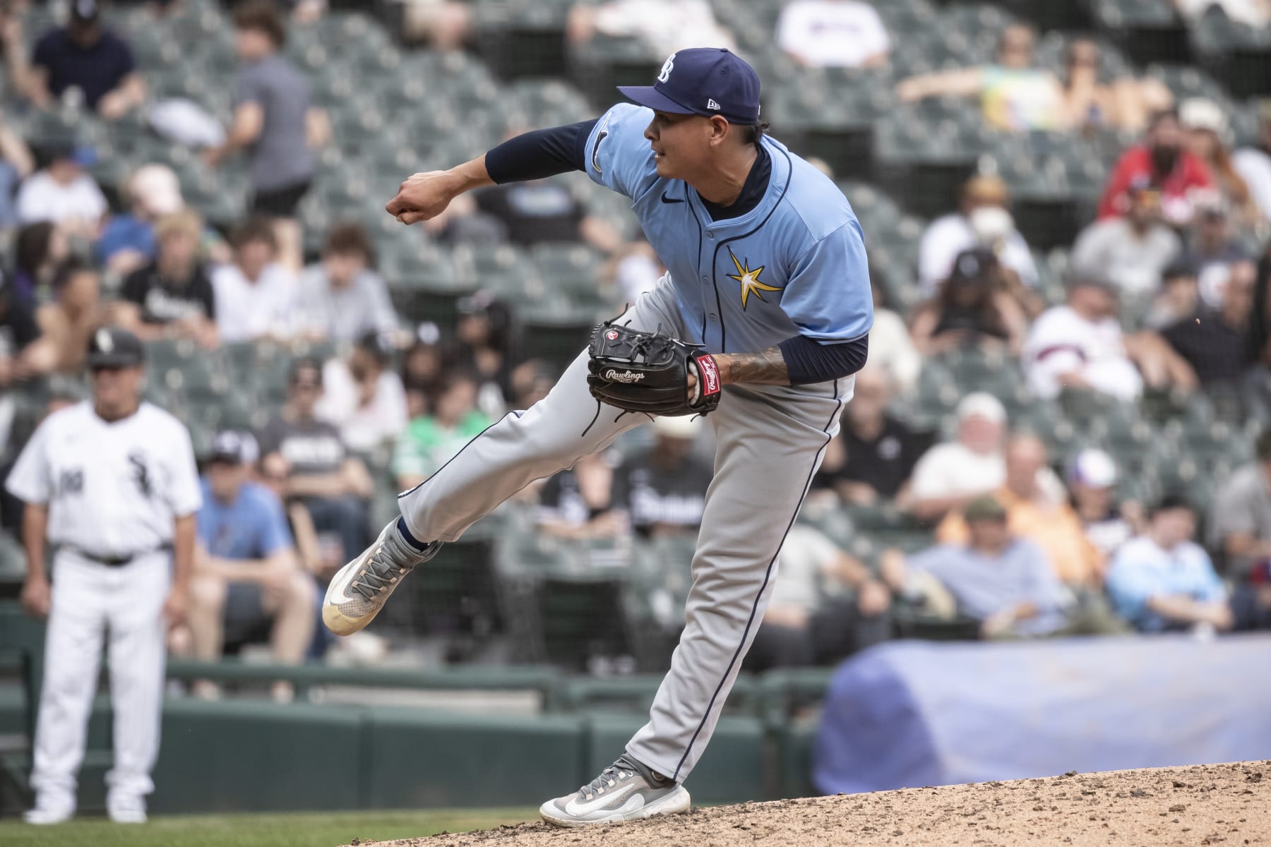 CHICAGO, ILLINOIS - APRIL 28: Manuel Rodríguez #39 of the Tampa Bay Rays delivers a pitch in the seventh inning against the Chicago White Sox at Guaranteed Rate Field on April 28, 2024 in Chicago, Illinois. (Photo by Griffin Quinn/Getty Images)