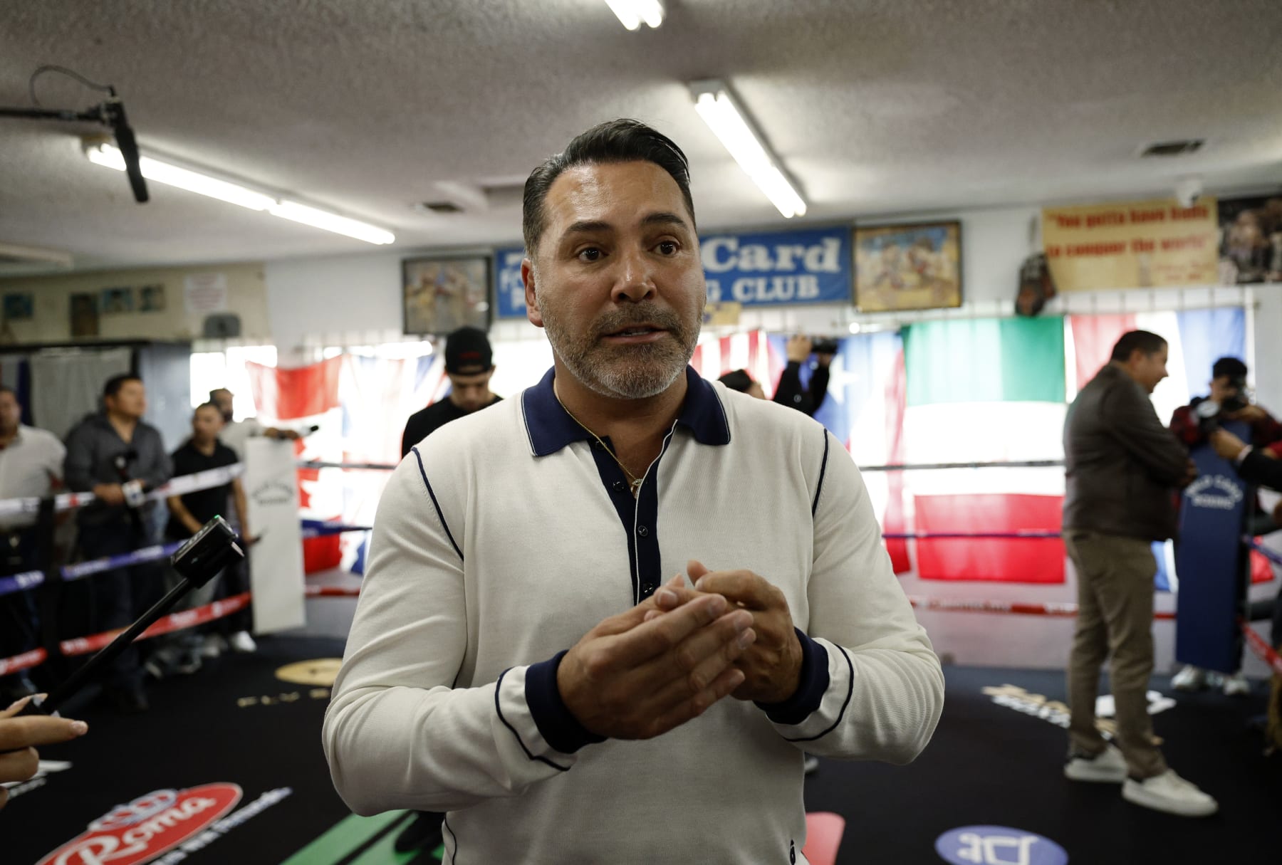 LOS ANGELES, CALIFORNIA - APRIL 23: Promoter Oscar De La Hoya speaks during a media workout of boxer Jaime Munguia at Wild Card Boxing Club on April 23, 2024 in Los Angeles, California. (Photo by Kevork Djansezian/Getty Images)