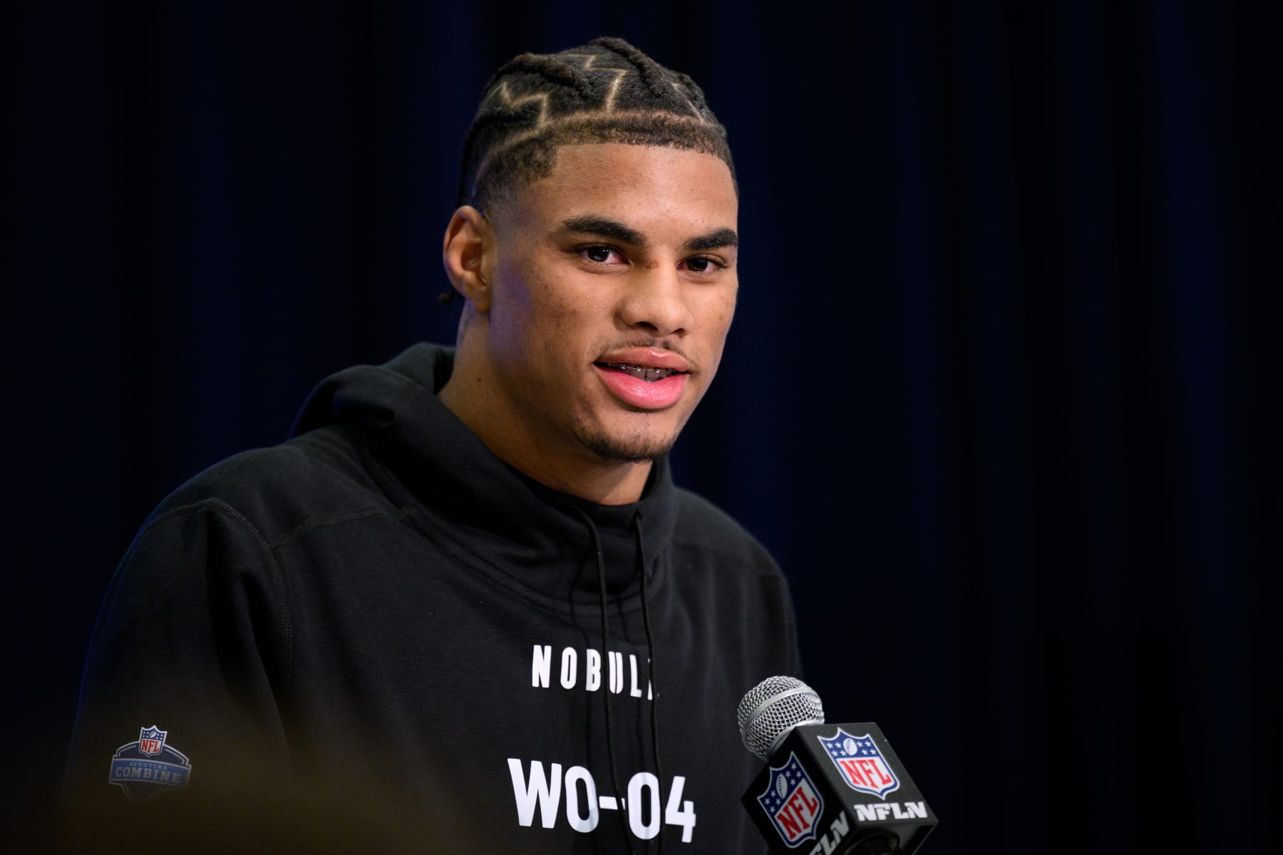 INDIANAPOLIS, IN - MARCH 01: Florida State wide receiver Keon Coleman answers questions from the media during the NFL Scouting Combine on March 1, 2024, at the Indiana Convention Center in Indianapolis, IN. (Photo by Zach Bolinger/Icon Sportswire via Getty Images)