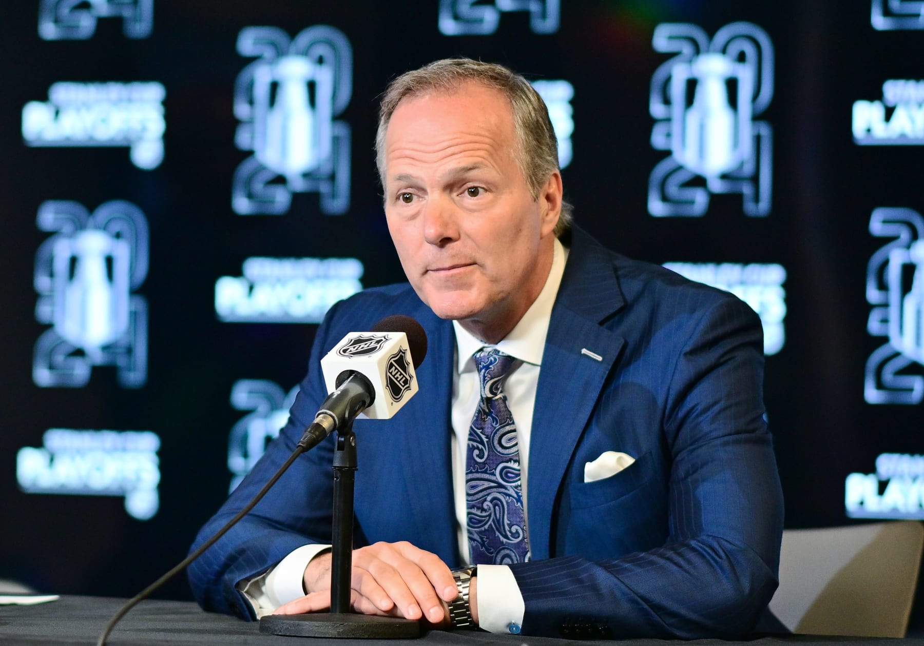 TAMPA, FLORIDA - APRIL 25: Head coach Jon Cooper of the Tampa Bay Lightning answers questions at a press conference after 5-3 loss against the Florida Panthers in Game Three of the First Round of the 2024 Stanley Cup Playoffs at Amalie Arena on April 25, 2024 in Tampa, Florida.  (Photo by Julio Aguilar/Getty Images)