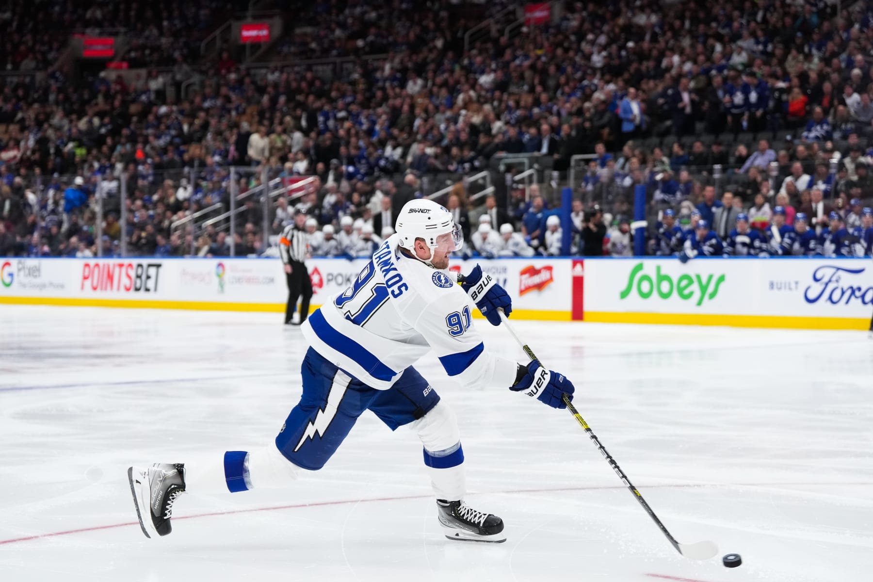 TORONTO, CANADA - APRIL 3: Steven Stamkos #91 of the Tampa Bay Lightning takes a shot against the Toronto Maple Leafs at Scotiabank Arena on April 3, 2024 in Toronto, Ontario, Canada. (Photo by Michael Chisholm/NHLI via Getty Images)