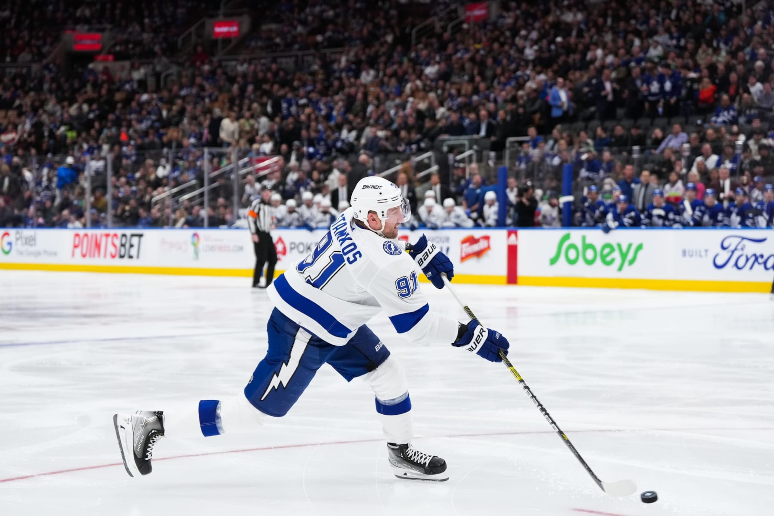 TORONTO, CANADA - APRIL 3: Steven Stamkos #91 of the Tampa Bay Lightning takes a shot against the Toronto Maple Leafs at Scotiabank Arena on April 3, 2024 in Toronto, Ontario, Canada. (Photo by Michael Chisholm/NHLI via Getty Images)