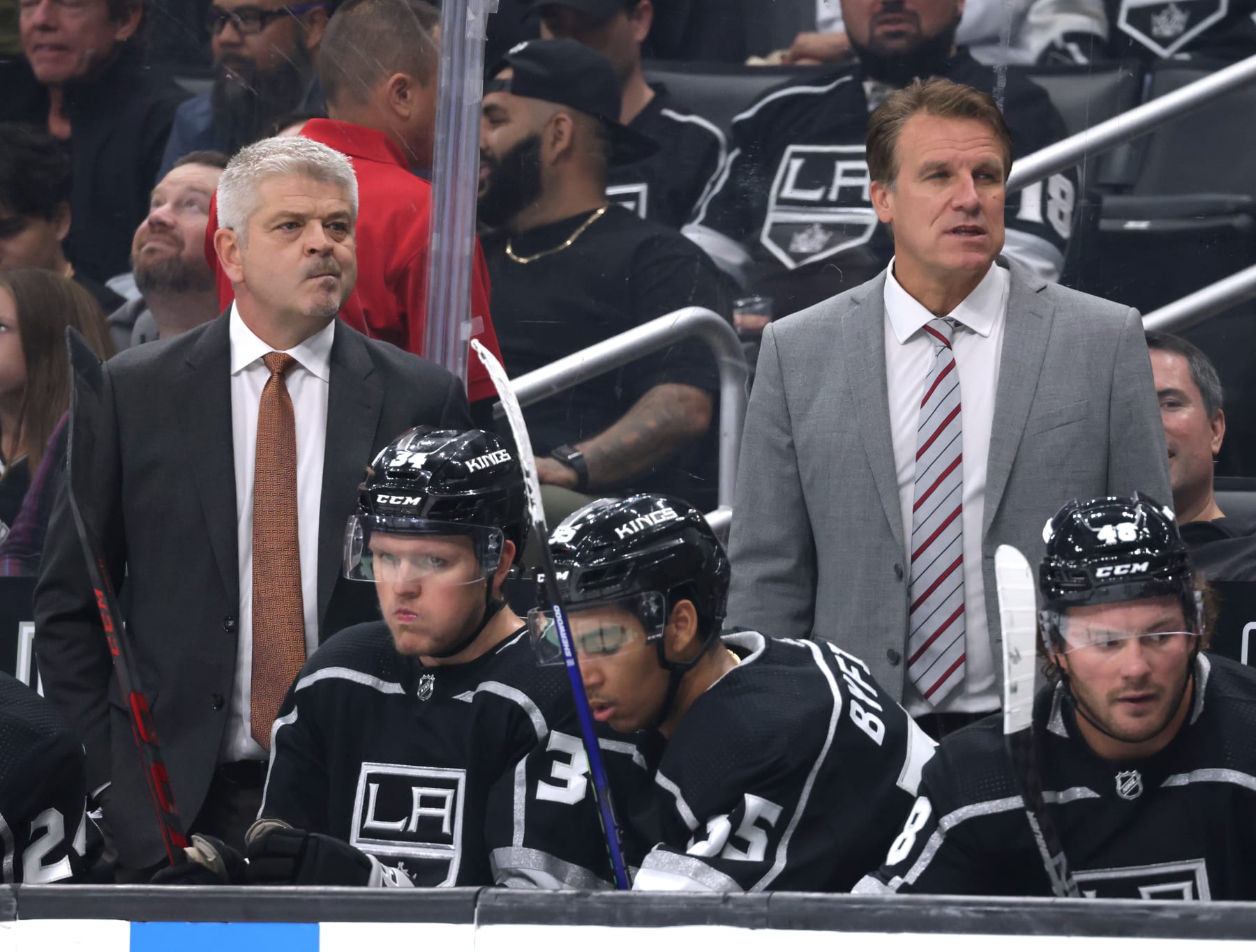 Former Los Angeles Kings head coach Todd McLellan (left) and current interim coach JIm Hiller