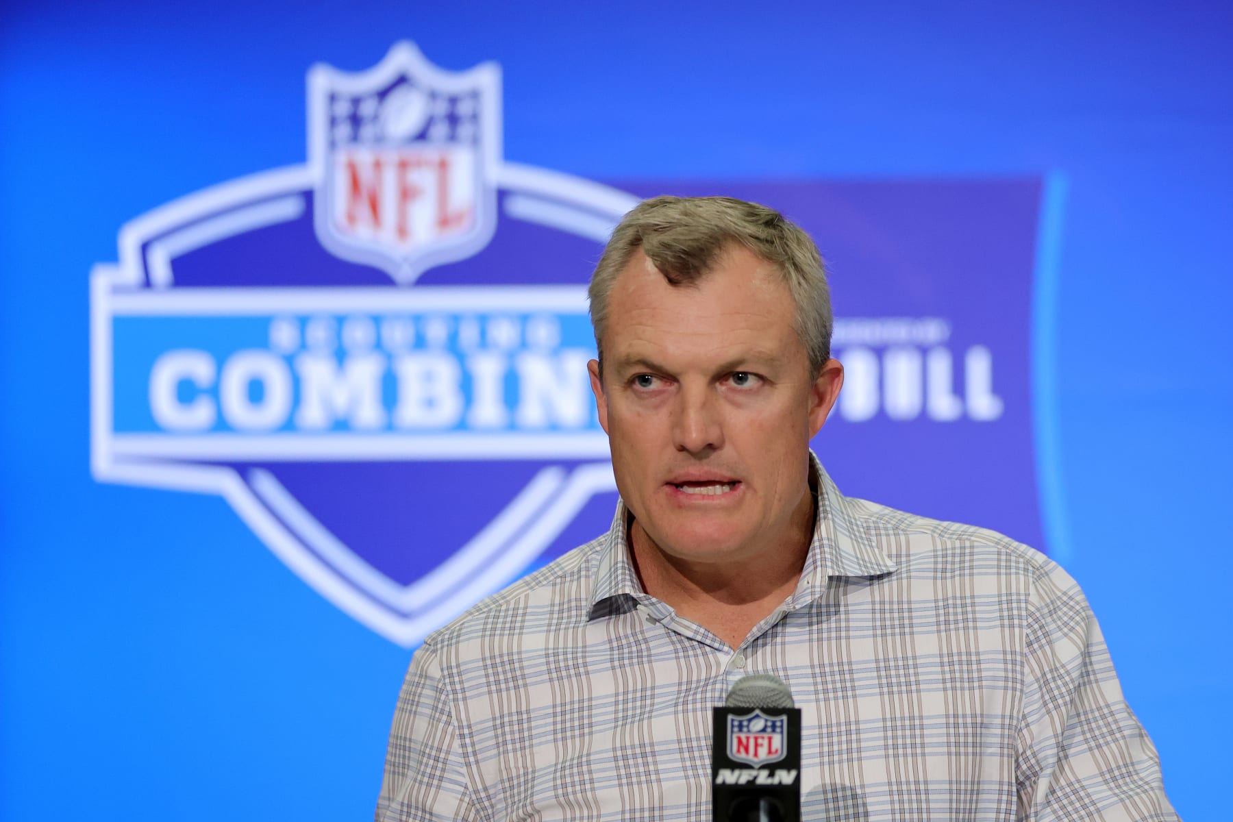 INDIANAPOLIS, INDIANA - FEBRUARY 27: General manager John Lynch of the San Francisco 49ers speaks to the media during the NFL Combine at the Indiana Convention Center on February 27, 2024 in Indianapolis, Indiana. (Photo by Stacy Revere/Getty Images)