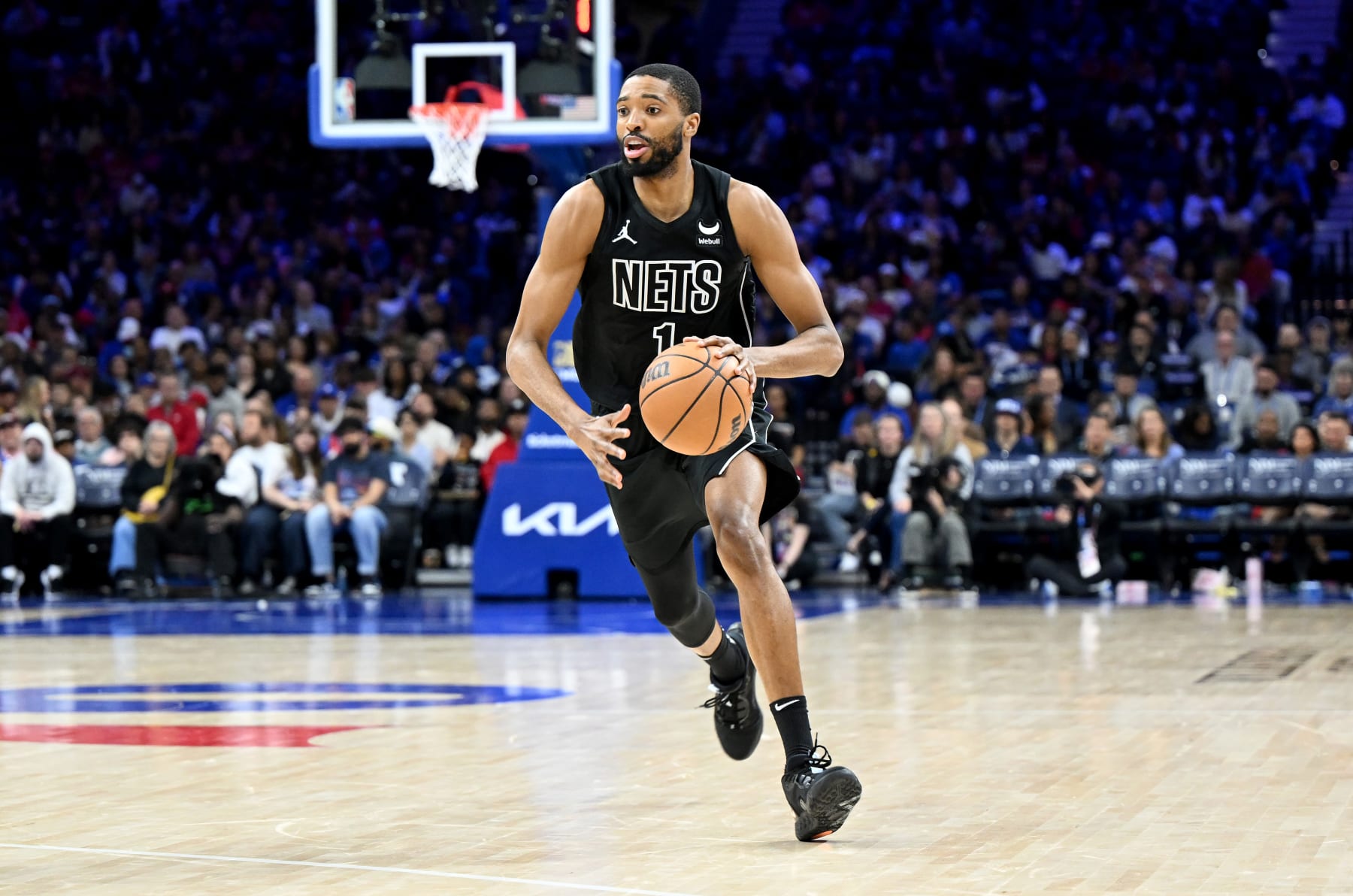 PHILADELPHIA, PENNSYLVANIA - APRIL 14: Mikal Bridges #1 of the Brooklyn Nets handles the ball against the Philadelphia 76ers at the Wells Fargo Center on April 14, 2024 in Philadelphia, Pennsylvania. NOTE TO USER: User expressly acknowledges and agrees that, by downloading and or using this photograph, User is consenting to the terms and conditions of the Getty Images License Agreement. (Photo by G Fiume/Getty Images)