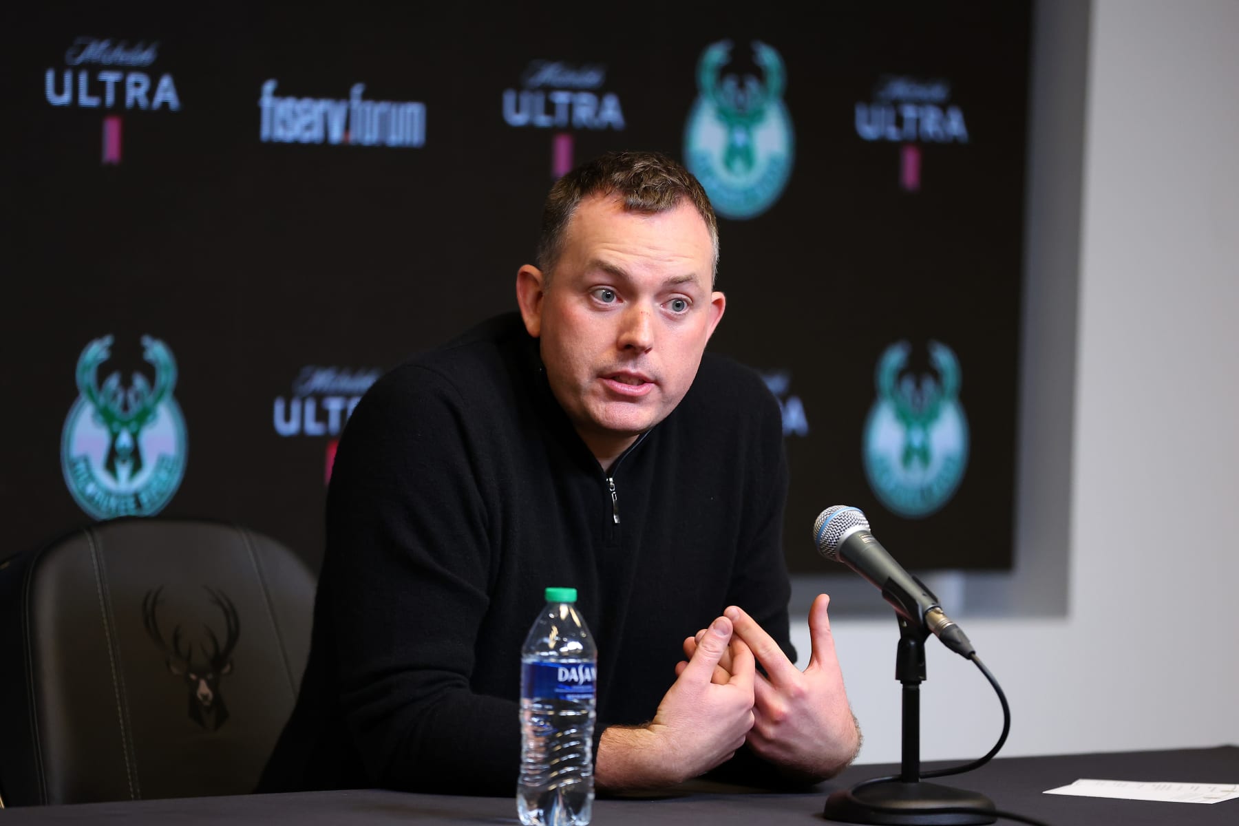 MILWAUKEE, WISCONSIN - JANUARY 24: General manager Jon Horst of the Milwaukee Bucks speaks to the media about the dismissal of head coach Adrian Griffin prior to a game between the Milwaukee Bucks and the Cleveland Cavaliers at Fiserv Forum on January 24, 2024 in Milwaukee, Wisconsin. NOTE TO USER: User expressly acknowledges and agrees that, by downloading and or using this photograph, User is consenting to the terms and conditions of the Getty Images License Agreement. (Photo by Stacy Revere/Getty Images)