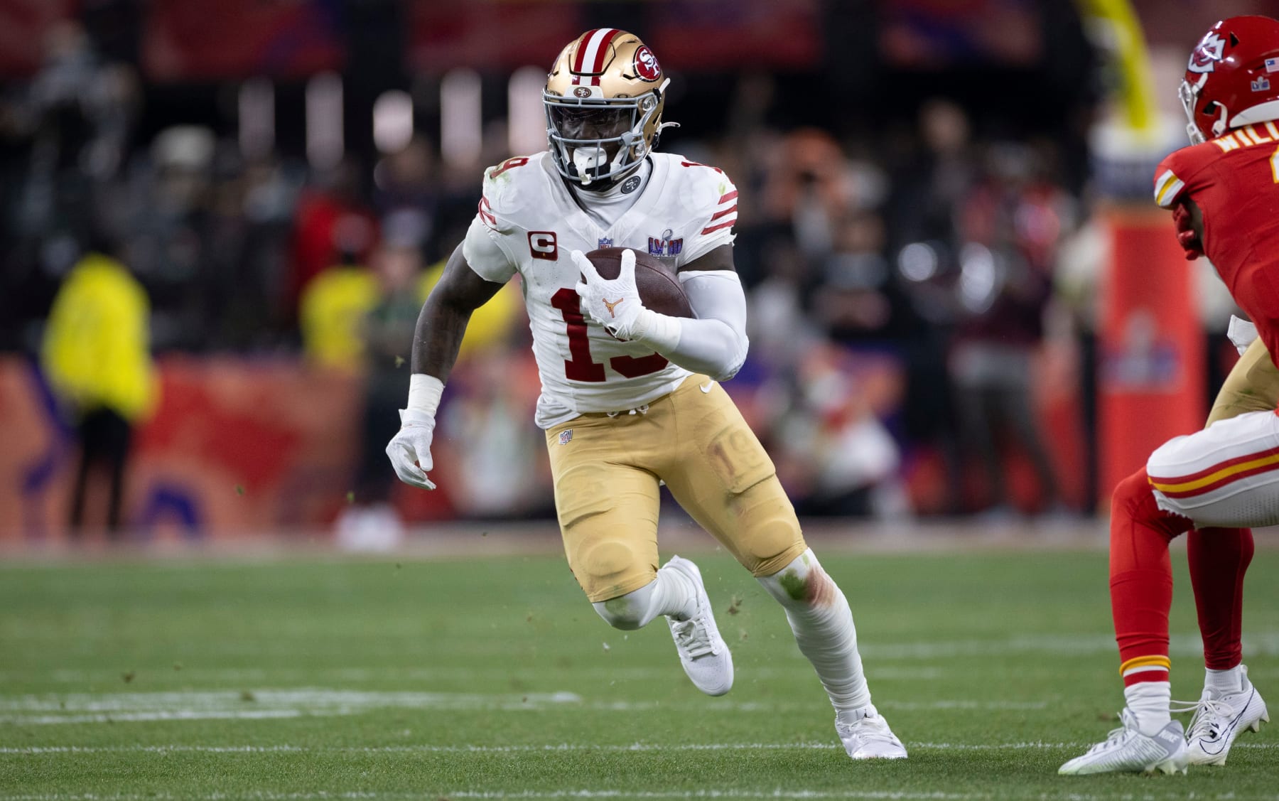LAS VEGAS, NV - FEBRUARY 11: Deebo Samuel #19 of the San Francisco 49ers runs after making a catch during Super Bowl LVIII against the Kansas City Chiefs at Allegiant Stadium on February 11, 2024 in Las Vegas, Nevada. The Chiefs defeated the 49ers 25-22. (Photo by Michael Zagaris/San Francisco 49ers/Getty Images)