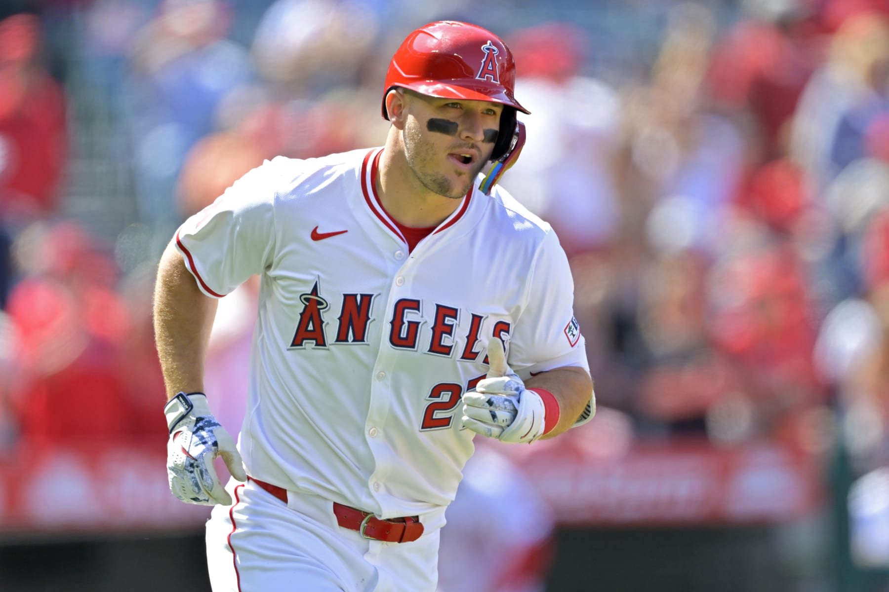 ANAHEIM, CALIFORNIA - APRIL 24: Mike Trout #27 of the Los Angeles Angels watches rounds the bases on a solo home run in the sixth inning against the Baltimore Orioles at Angel Stadium of Anaheim on April 24, 2024 in Anaheim, California. (Photo by Jayne Kamin-Oncea/Getty Images)