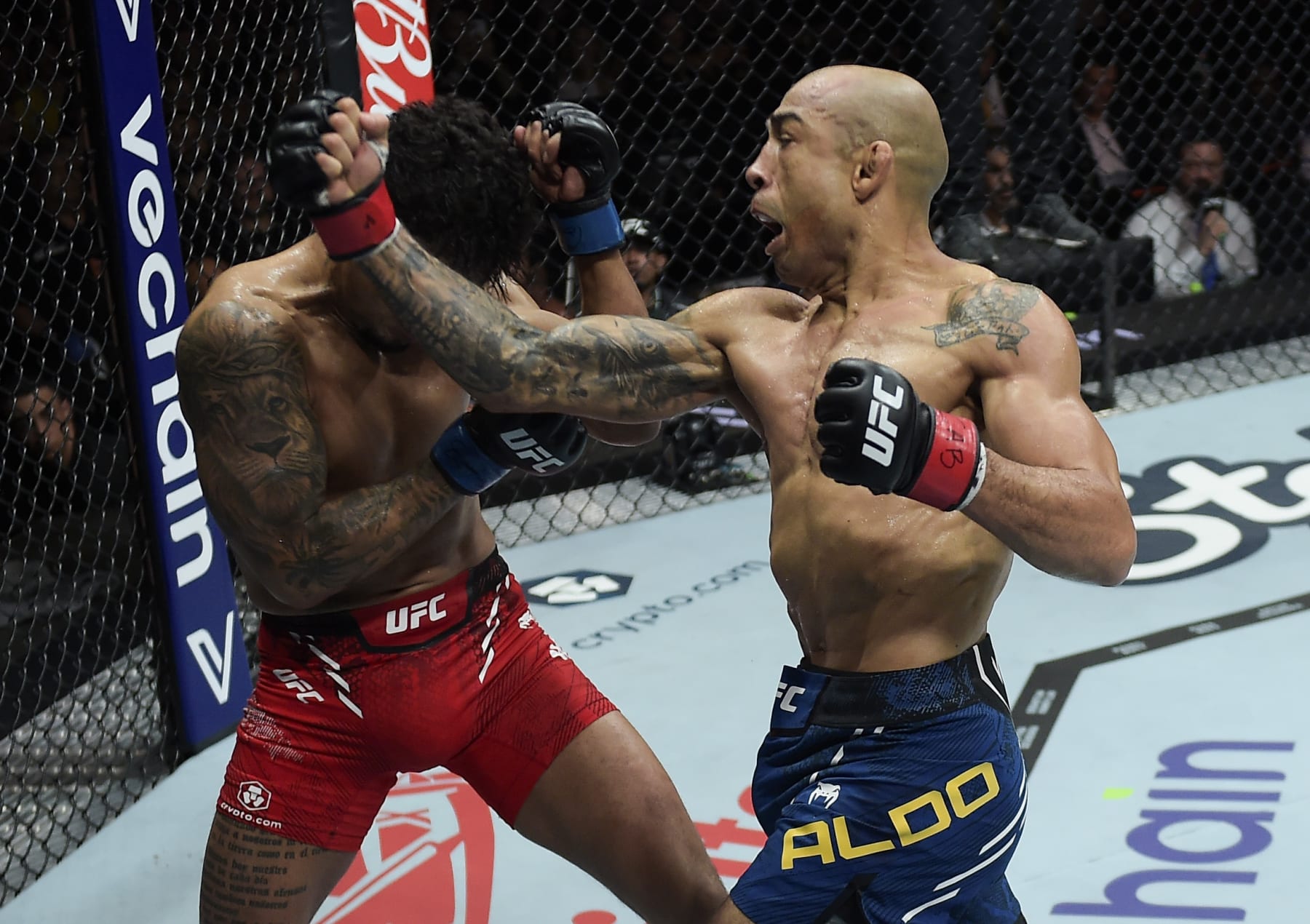 RIO DE JANEIRO, BRAZIL - MAY 04: (R-L) Jose Aldo of Brazil punches Jonathan Martinez in a bantamweight bout during the UFC 301 event at Farmasi Arena on May 04, 2024 in Rio de Janeiro, Brazil. (Photo by Alexandre Loureiro/Zuffa LLC via Getty Images)