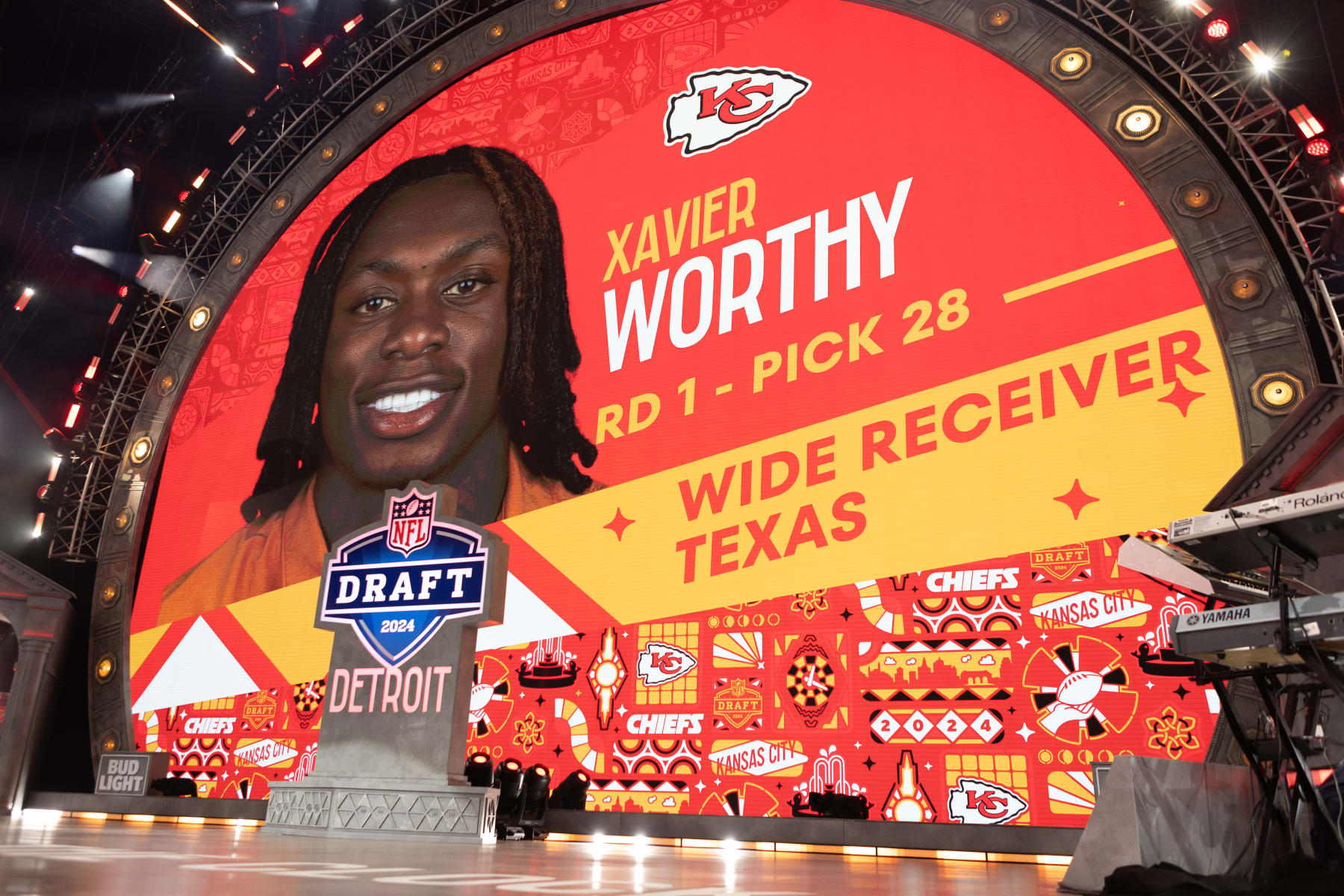 DETROIT, MI - APRIL 25: The Kansas City Chiefs select Texas Wide Receiver Xavier Worthy 28th overall during Day 1 of the NFL Draft on April 25, 2024 at Campus Martius Park and Hart Plaza in Detroit, MI. (Photo by John Smolek/Icon Sportswire via Getty Images)