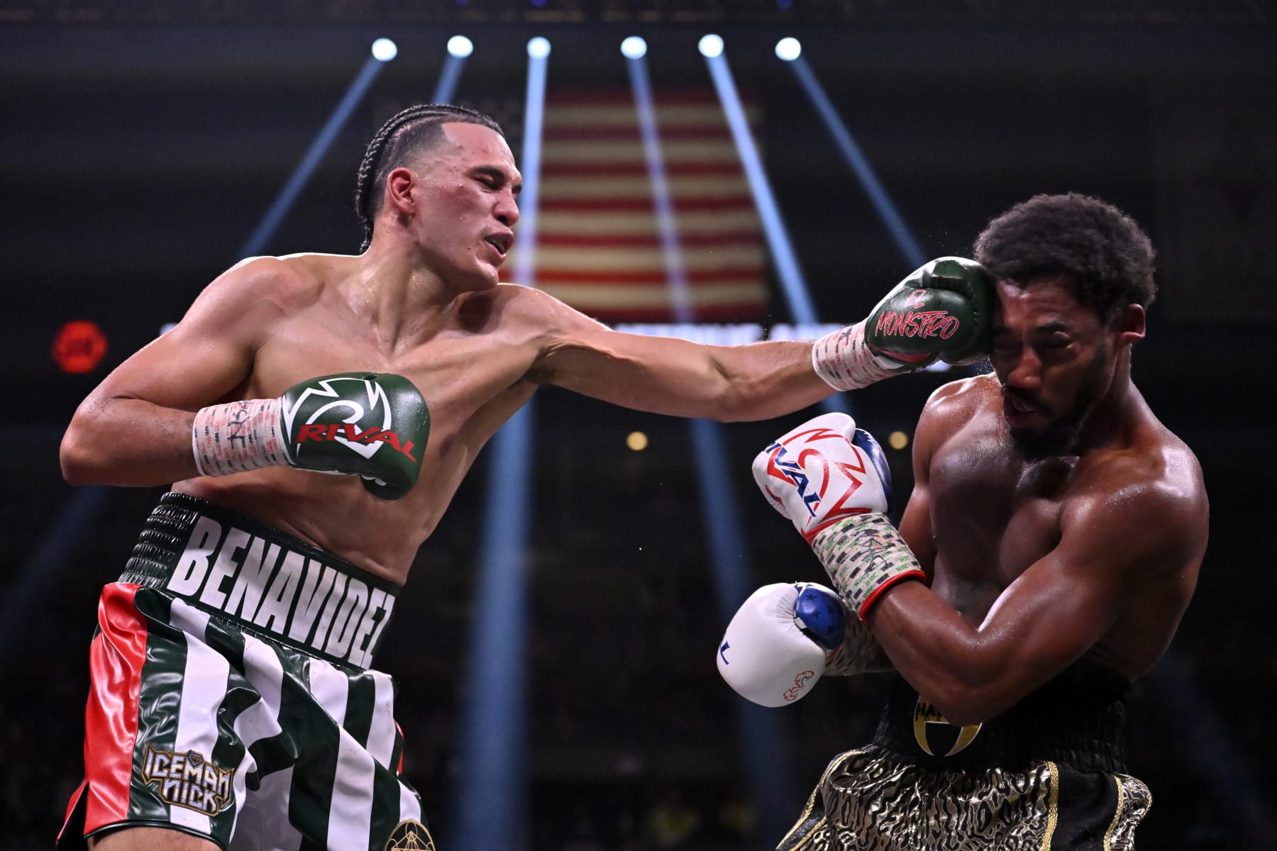 LAS VEGAS, NEVADA - NOVEMBER 25: David Benavidez (L) fights Demetrius Andrade in a WBC super middleweight title fight at Michelob ULTRA Arena on November 25, 2023 in Las Vegas, Nevada. Benavidez retained his title with a TKO. (Photo by David Becker/Getty Images)
