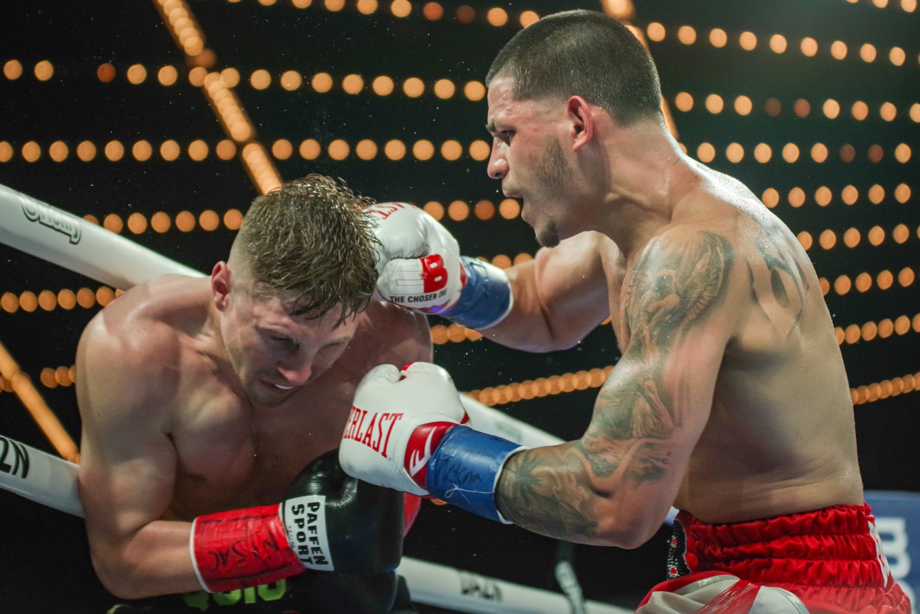 NEW YORK, NY- JUNE 24: (R-L) Edgar Berlanga punches Jason Quigley in their super-middleweight fight on June 24, 2023, in the Hulu Theatre at Madison Square Garden, New York City, New York. (Photo by Matt Davies/PxImages/Icon Sportswire via Getty Images)