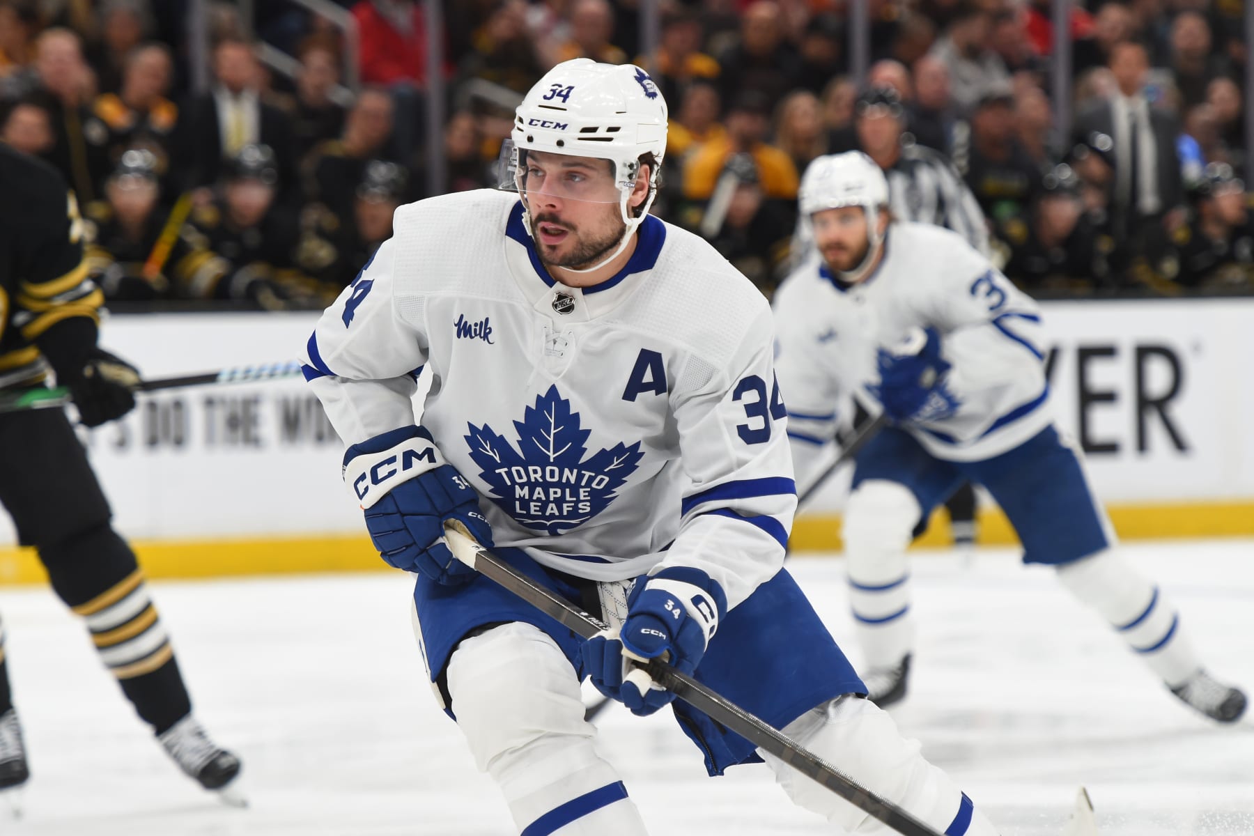 BOSTON, MASSACHUSETTS - MAY 4: Auston Matthews #34 of the Toronto Maple Leafs skates against the Boston Bruins in Game Seven of the First Round of the 2024 Stanley Cup Playoffs at the TD Garden on May 4, 2024 in Boston, Massachusetts. (Photo by Steve Babineau/NHLI via Getty Images)