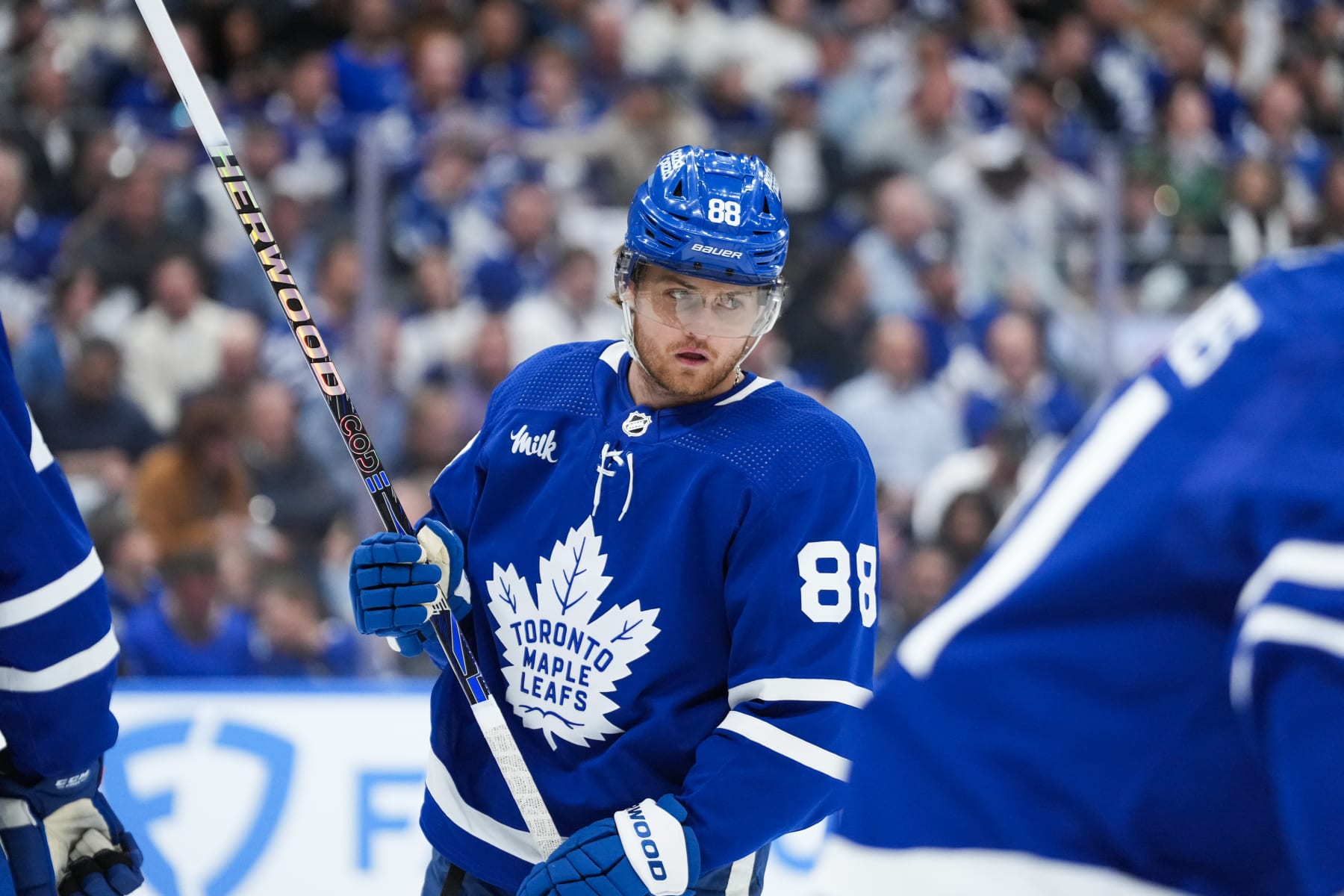 TORONTO, CANADA - MAY 2: William Nylander #88 of the Toronto Maple Leafs looks on against the Boston Bruins during the first period in Game Six of the First Round of the 2024 Stanley Cup Playoffs at Scotiabank Arena on May 2, 2024 in Toronto, Ontario, Canada. (Photo by Michael Chisholm/NHLI via Getty Images)