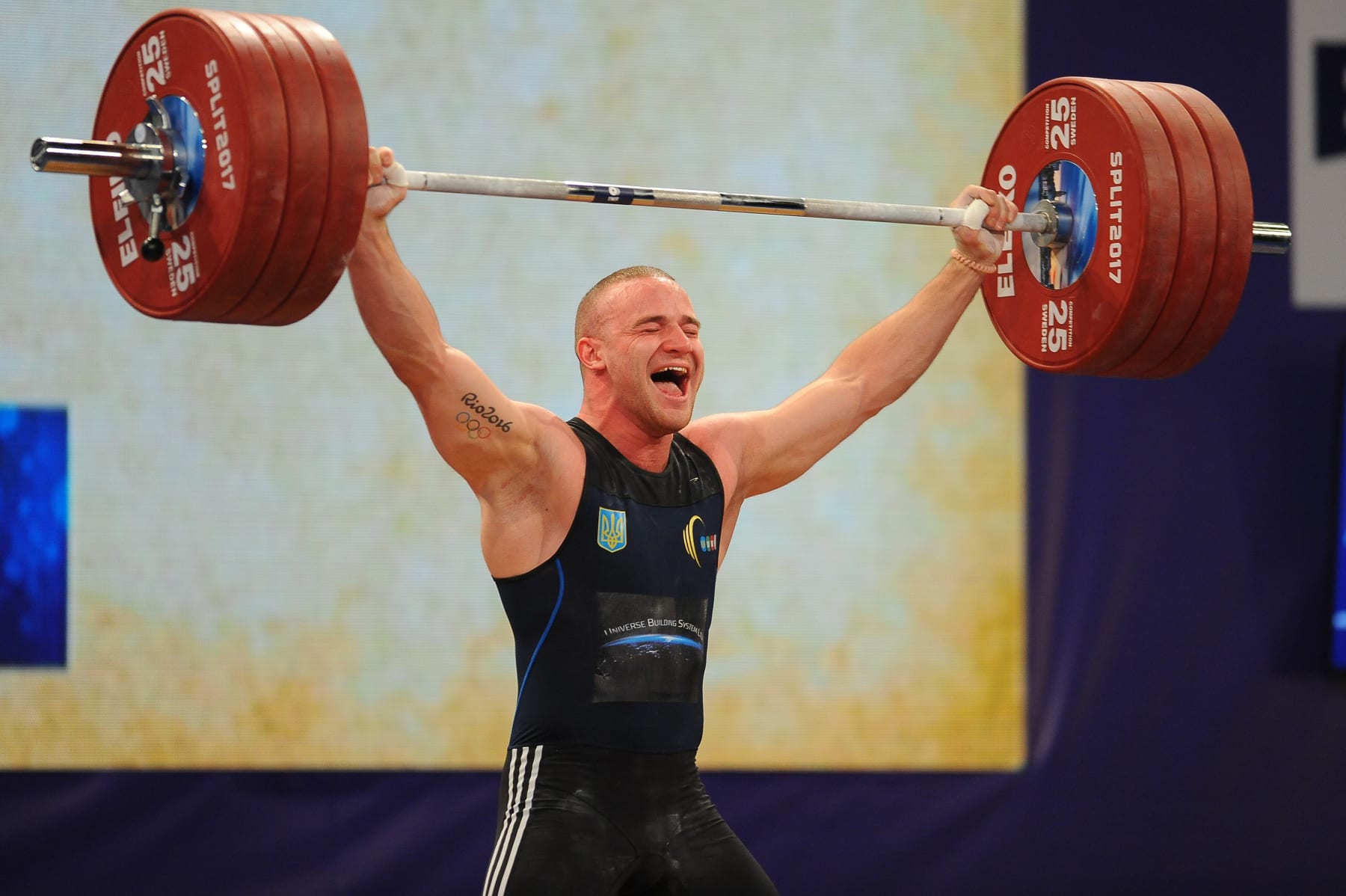 SPLIT, CROATIA - APRIL 06 : Oleksandr Pielieshenko of Ukraine makes an attempt during the Men's Final 85 kg competition of the Weightlifting European Championships 2017 in Split, Croatia on April 06, 2017. (Photo by Stringer/Anadolu Agency/Getty Images)