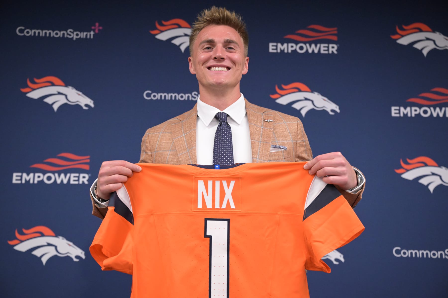 ENGLEWOOD, CO - APRIL 26 : Denver Broncos quarterback Bo Nix introduced at Centura Health Training Center in Englewood, Colorado on Friday, April 26, 2024. (Photo by Hyoung Chang/The Denver Post)