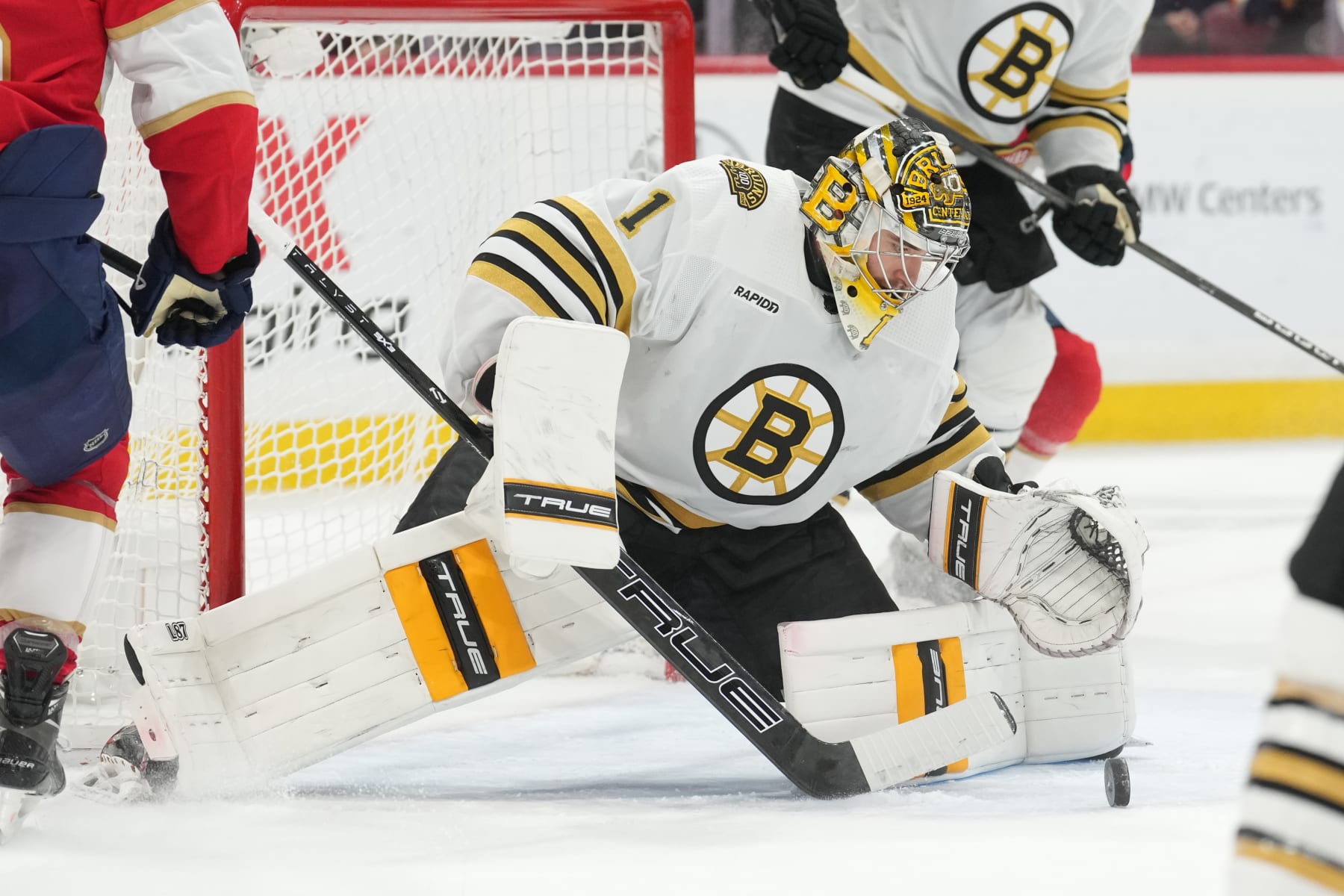 SUNRISE, FL - MAY 06: Boston Bruins goaltender Jeremy Swayman (1) tries to collect the rebound after a save in the second period during game one of the Eastern Conference round 2 playoffs between the Boston Bruins and the Florida Panthers on Monday, May 6, 2024 at Amerant Bank Arena, Sunrise, Fla. (Photo by Peter Joneleit/Icon Sportswire via Getty Images)