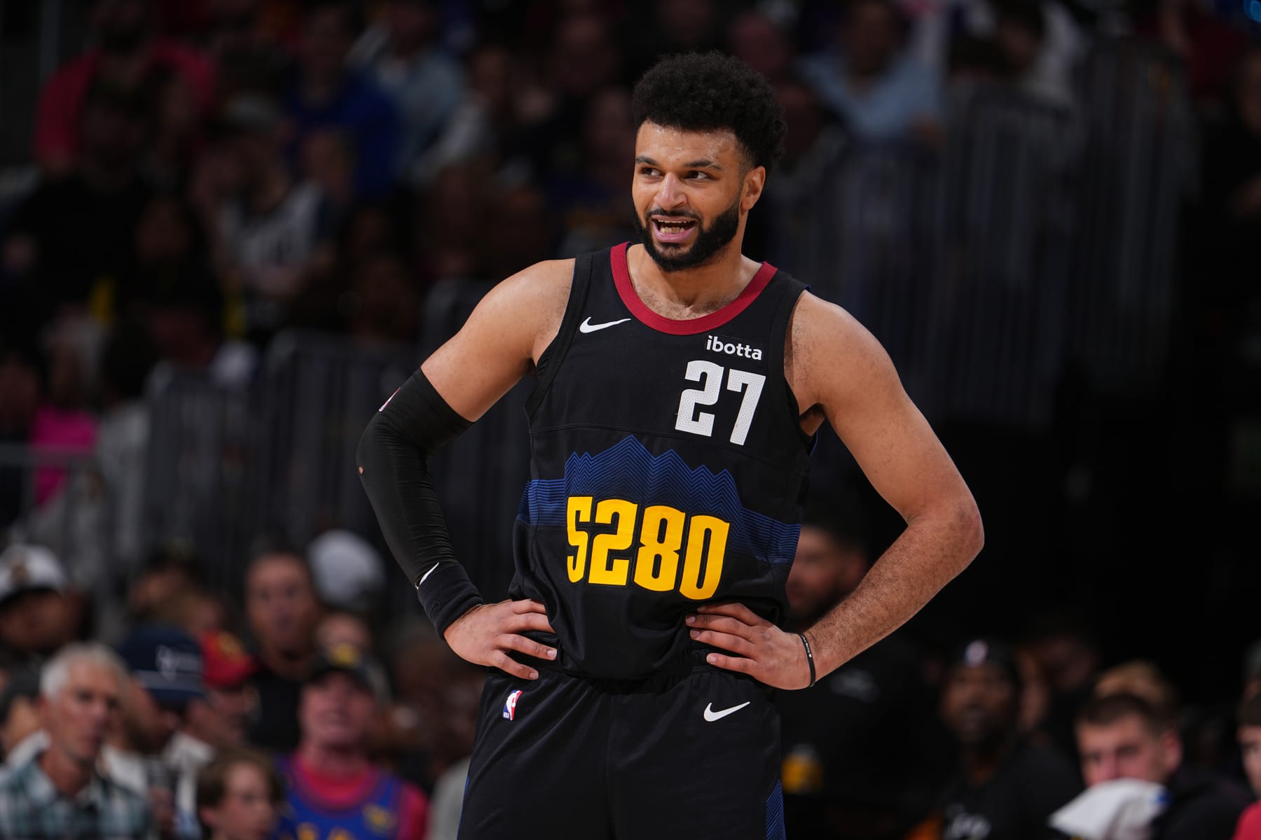 DENVER, CO - MAY 6:  Jamal Murray #27 of the Denver Nuggets looks on during the game  against the Minnesota Timberwolves during Round 2 Game 2 of the 2024 NBA Playoffs  on May 6, 2024 at the Ball Arena in Denver, Colorado. NOTE TO USER: User expressly acknowledges and agrees that, by downloading and/or using this Photograph, user is consenting to the terms and conditions of the Getty Images License Agreement. Mandatory Copyright Notice: Copyright 2024 NBAE (Photo by Bart Young/NBAE via Getty Images)