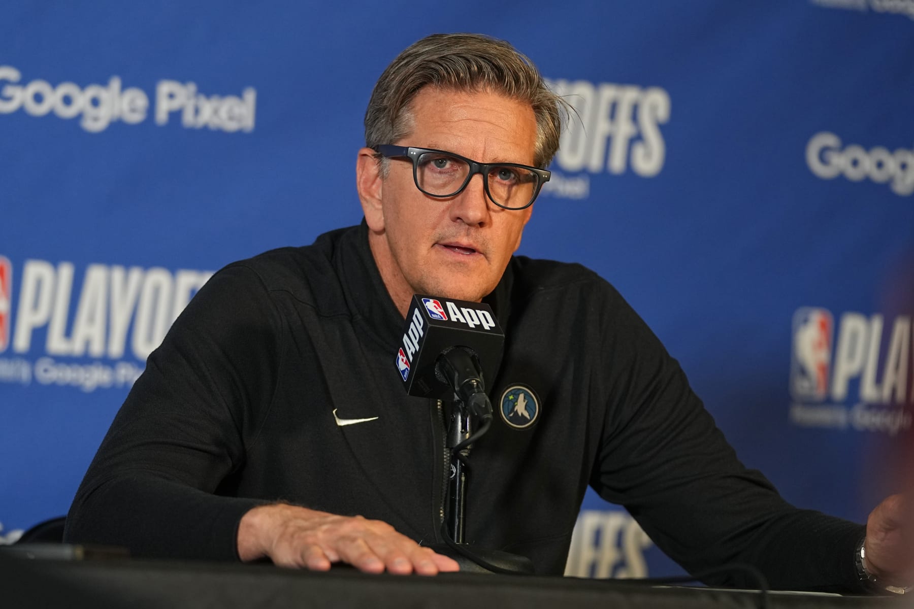 DENVER, CO - MAY 6: Head Coach Chris Finch of the Minnesota Timberwolves talks to the media after the game during the post-game press conference during Round 2 Game 2 of the 2024 NBA Playoffs on May 6, 2024 at the Ball Arena in Denver, Colorado. NOTE TO USER: User expressly acknowledges and agrees that, by downloading and/or using this Photograph, user is consenting to the terms and conditions of the Getty Images License Agreement. Mandatory Copyright Notice: Copyright 2024 NBAE (Photo by Bart Young/NBAE via Getty Images)