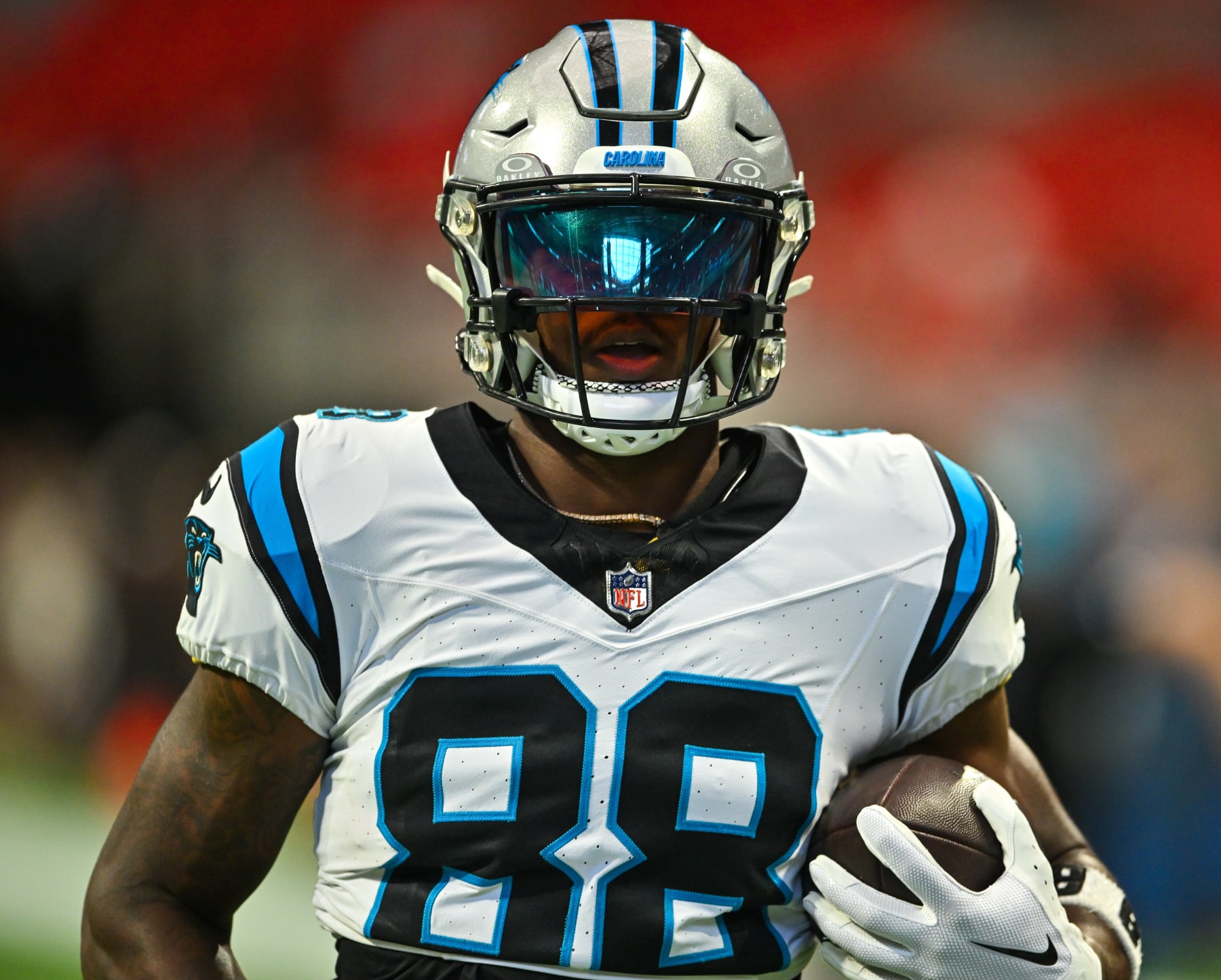 ATLANTA, GA SEPTEMBER 10: Carolina wide receiver Terrace Marshall Jr. (88) warms up prior to the start of the NFL game between the Carolina Panthers and the Atlanta Falcons on September 10th, 2023 at Mercedes-Benz Stadium in Atlanta, GA. (Photo by Rich von Biberstein/Icon Sportswire via Getty Images)