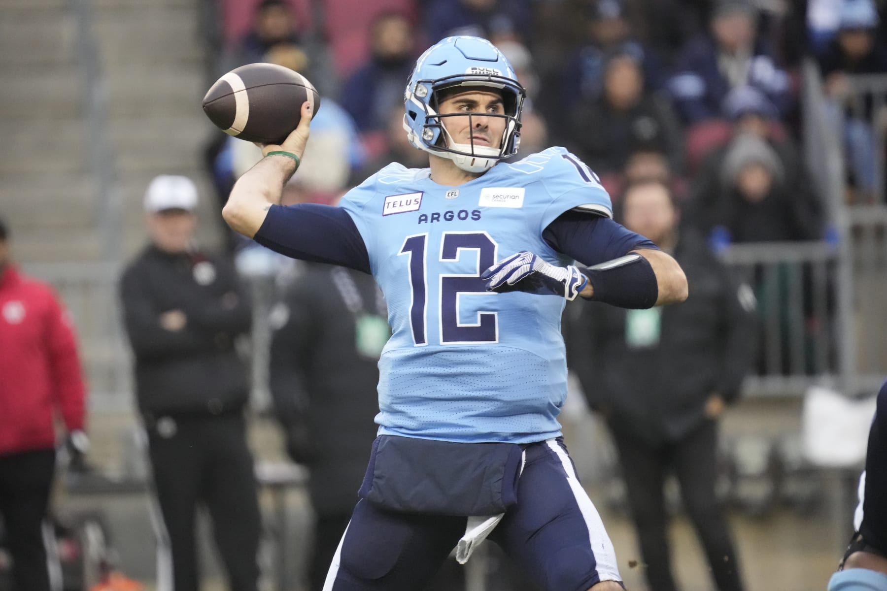 TORONTO, CANADA - NOVEMBER 11: Chad Kelly #12 of the Toronto Argonauts throws a pass against the Montreal Alouettes during the first half of the CFL Eastern Final at BMO Field on November 11, 2023 in Toronto, Canada. (Photo by John E. Sokolowski/Getty Images)