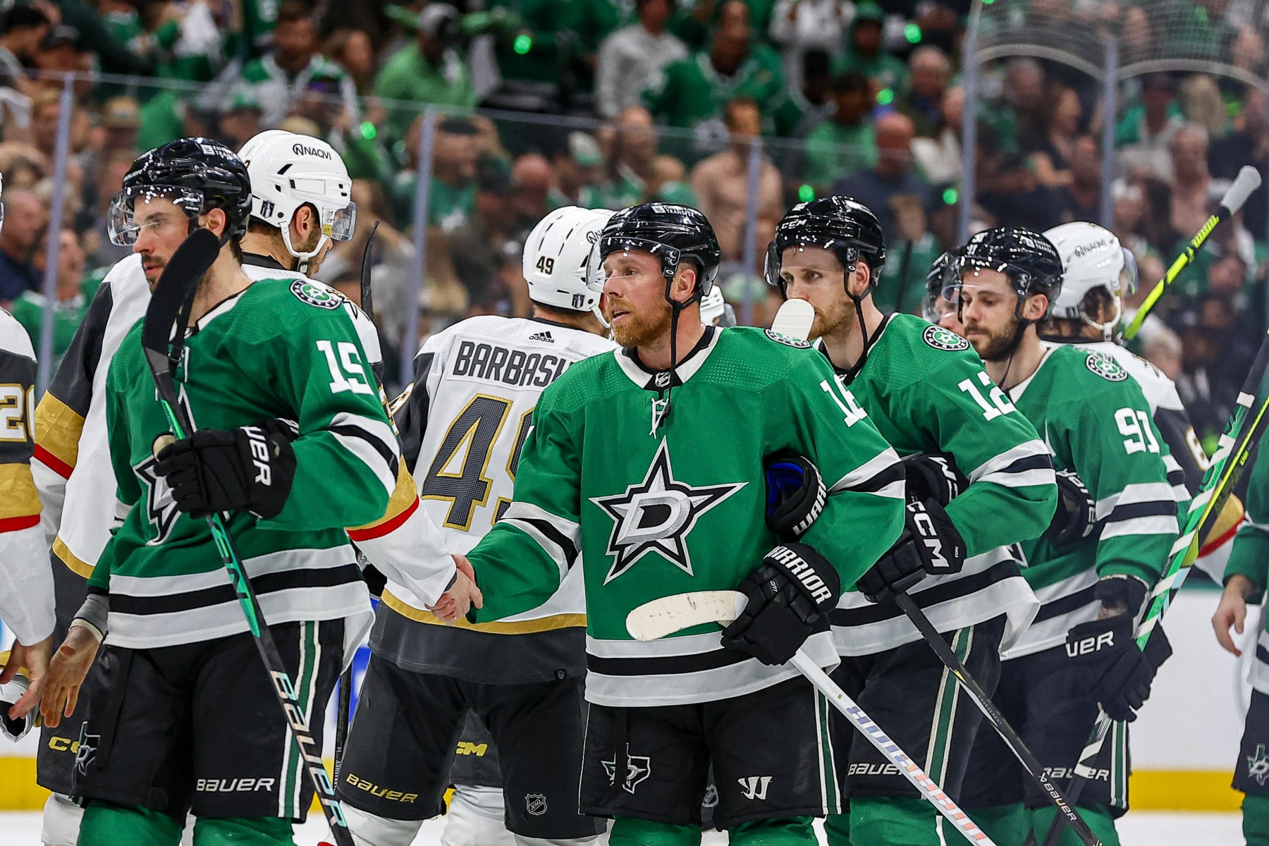 DALLAS, TX - MAY 05: The Dallas Stars players line up in the hand shake line with the Vegas Golden Knights after game seven of the Western Conference First Round between the Dallas Stars and the Vegas Golden Knights on May 5, 2024 at American Airlines Center in Dallas, Texas. (Photo by Matthew Pearce/Icon Sportswire via Getty Images)