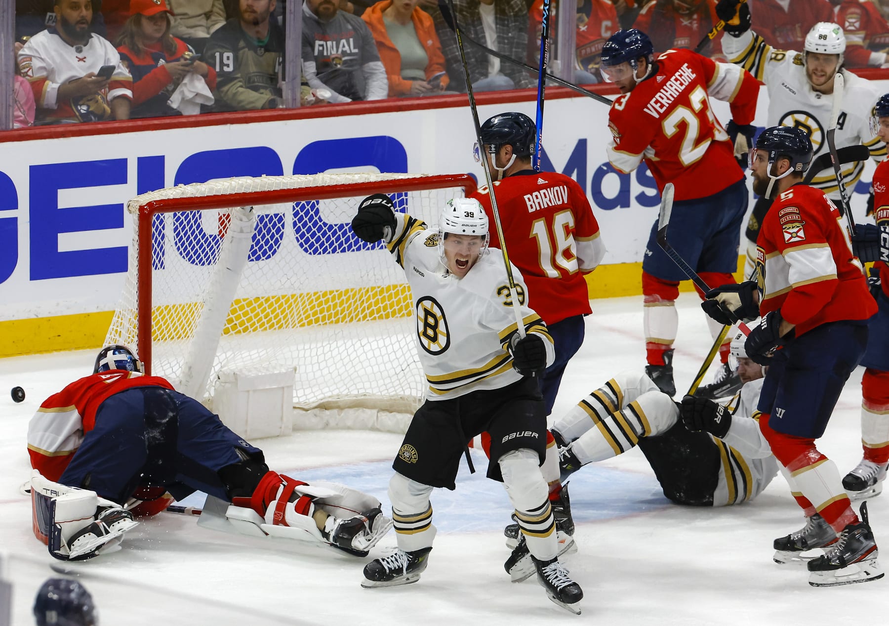 Sunrise, FL - May 6: Boston Bruins C Morgan Geekie celebrates his goal, beating Florida Panthers goalie Sergei Bobrovsky in the second period. (Photo by Matthew J. Lee/The Boston Globe via Getty Images)