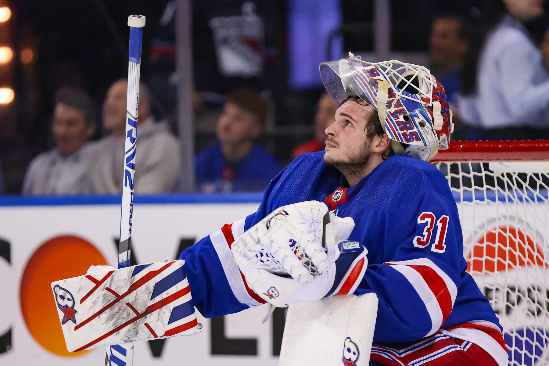 NEW YORK, NY - MAY 05: New York Rangers Goalie Igor Shesterkin (31) is pictured during the first period of the National Hockey League Stanley Cup Playoffs Eastern Conference Second Round game between the Carolina Hurricanes and the New York Rangers on May 5, 2024 at Madison Square Garden in New York, NY. (Photo by Joshua Sarner/Icon Sportswire via Getty Images)