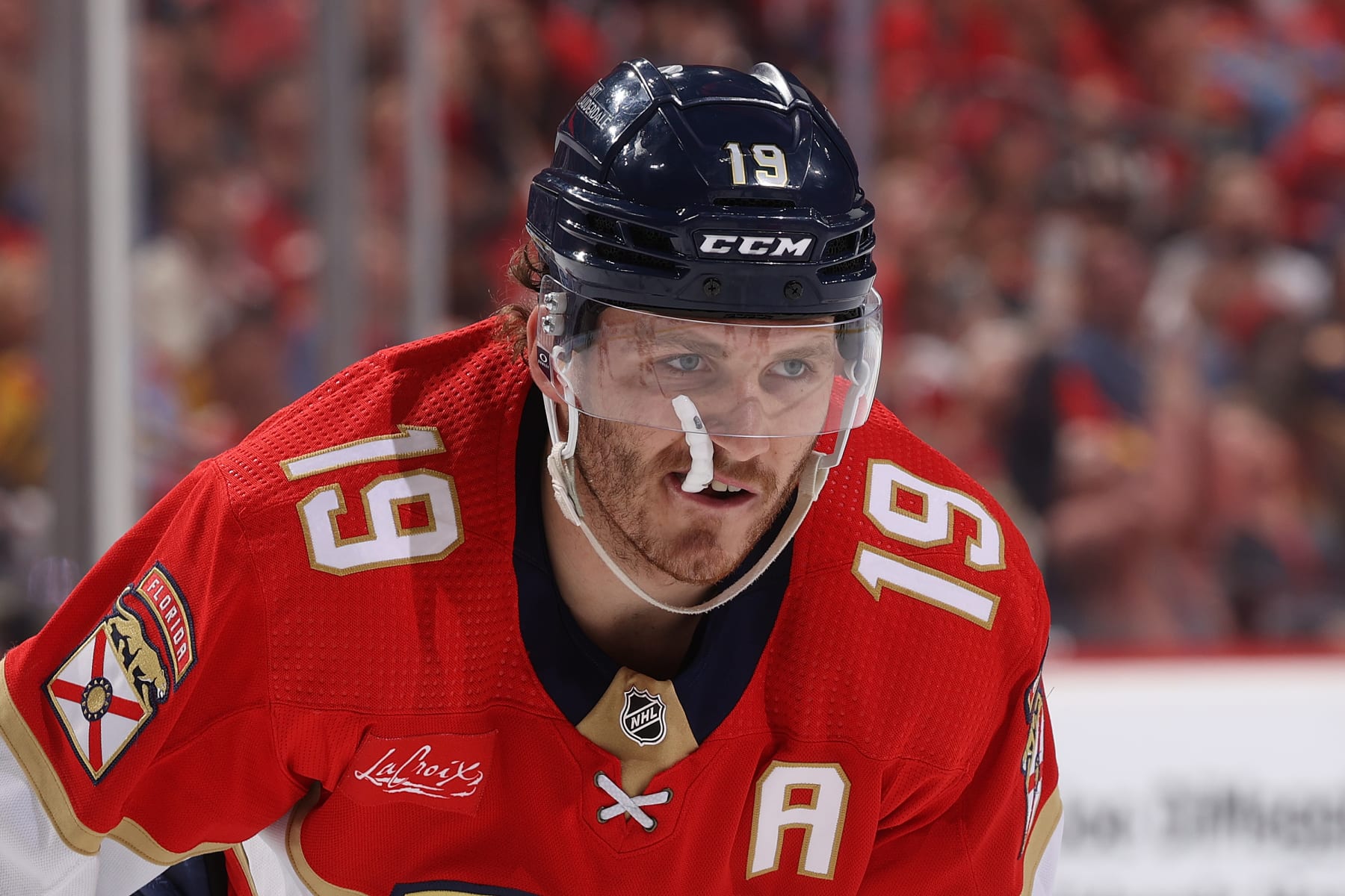 SUNRISE, FL - MAY 6: Matthew Tkachuk #19 of the Florida Panthers prepares for a face-off against the Boston Bruins in Game One of the Second Round of the 2024 Stanley Cup Playoffs at the Amerant Bank Arena on May 6, 2024 in Sunrise, Florida. (Photo by Joel Auerbach/Getty Images)
