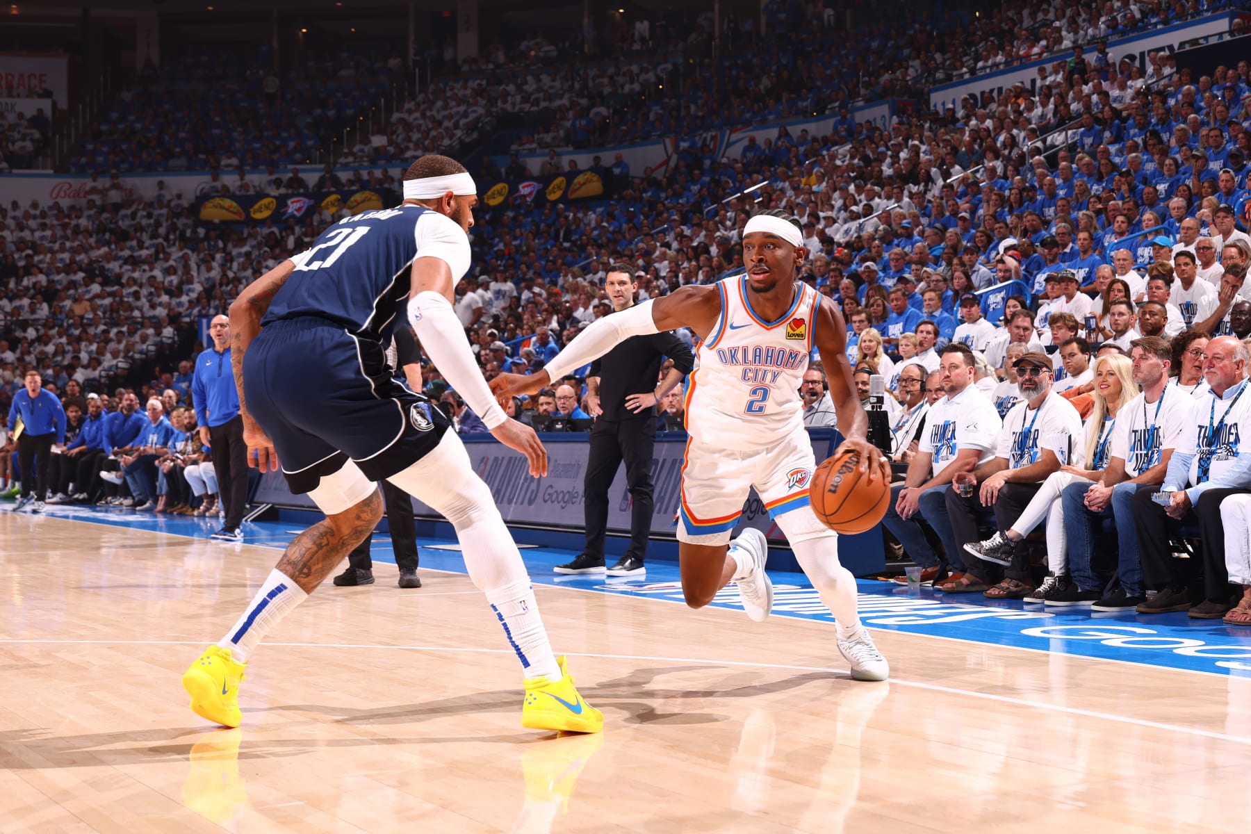 OKLAHOMA CITY, OK - MAY 7: Shai Gilgeous-Alexander #2 of the Oklahoma City Thunder handles the ball during the game against the Dallas Mavericks during Round Two Game One of the 2024 NBA Playoffs on May 7, 2024 at Paycom Arena in Oklahoma City, Oklahoma. NOTE TO USER: User expressly acknowledges and agrees that, by downloading and or using this photograph, User is consenting to the terms and conditions of the Getty Images License Agreement. Mandatory Copyright Notice: Copyright 2024 NBAE (Photo by Zach Beeker/NBAE via Getty Images)